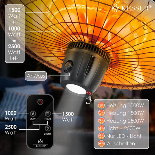 KESSER® Deckenheizstrahler Heizpilz Infrarot-Heizstrahler 2500W Terrassenstrahler mit Fernbedienung Quarzstrahler | LED Licht | Decke | Infrarotstrahler | mit Kette + Karabinerhaken Carbon-Heizelement