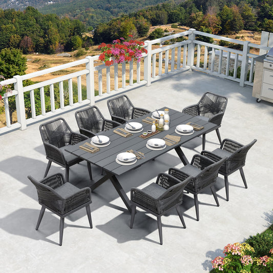 PURPLE LEAF Rivera 9-TLG Gartenmöbel Set 8 Stühle mit Tisch Aluminium Terassenmöbel Außen Wetterfest PE Rattan Essgruppe Gartengarnitur Sitzlounge, Grau