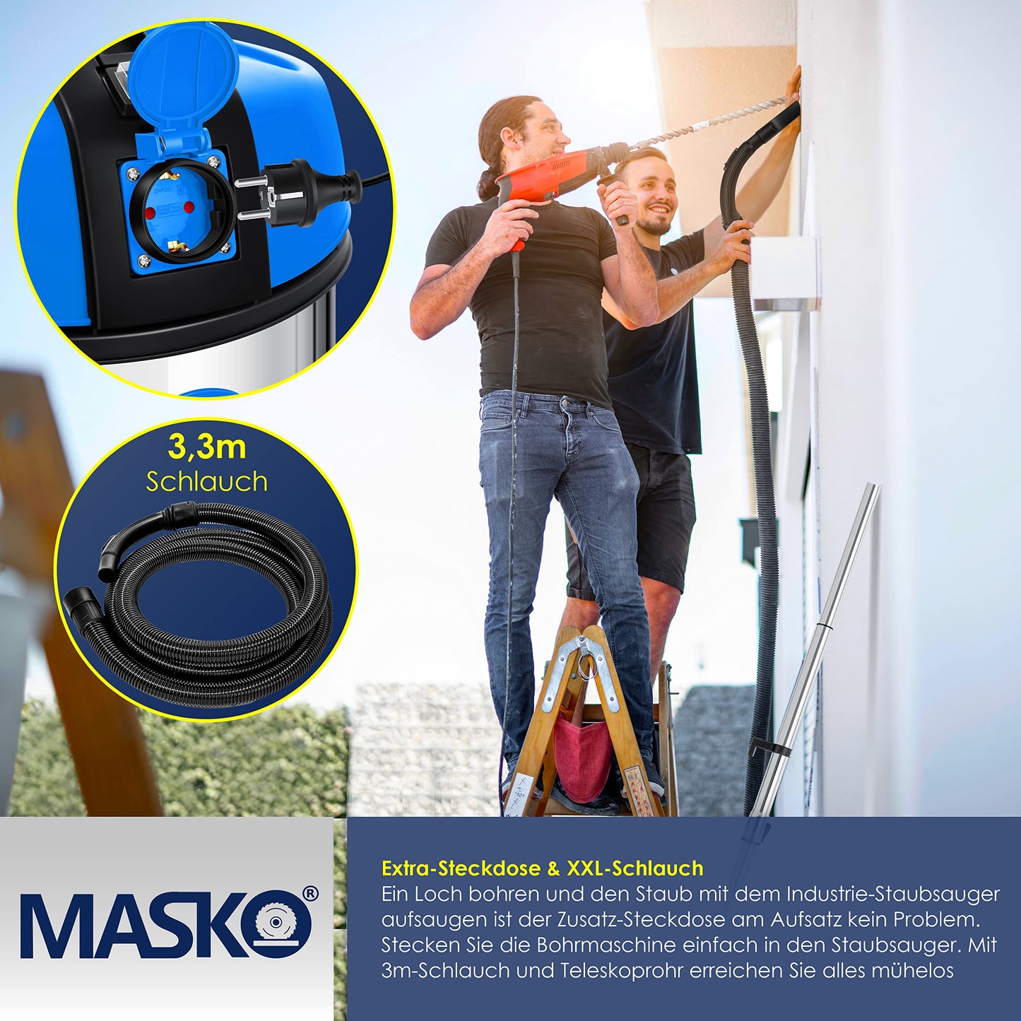 MASKO® Industriestaubsauger Staubsauger Nass Trocken Sauger Edelstahl 2300W + Steckdose | Blasfunktion | Push&Clean | Industrie-Sauger mit & ohne Beutel | beutellos Blau
