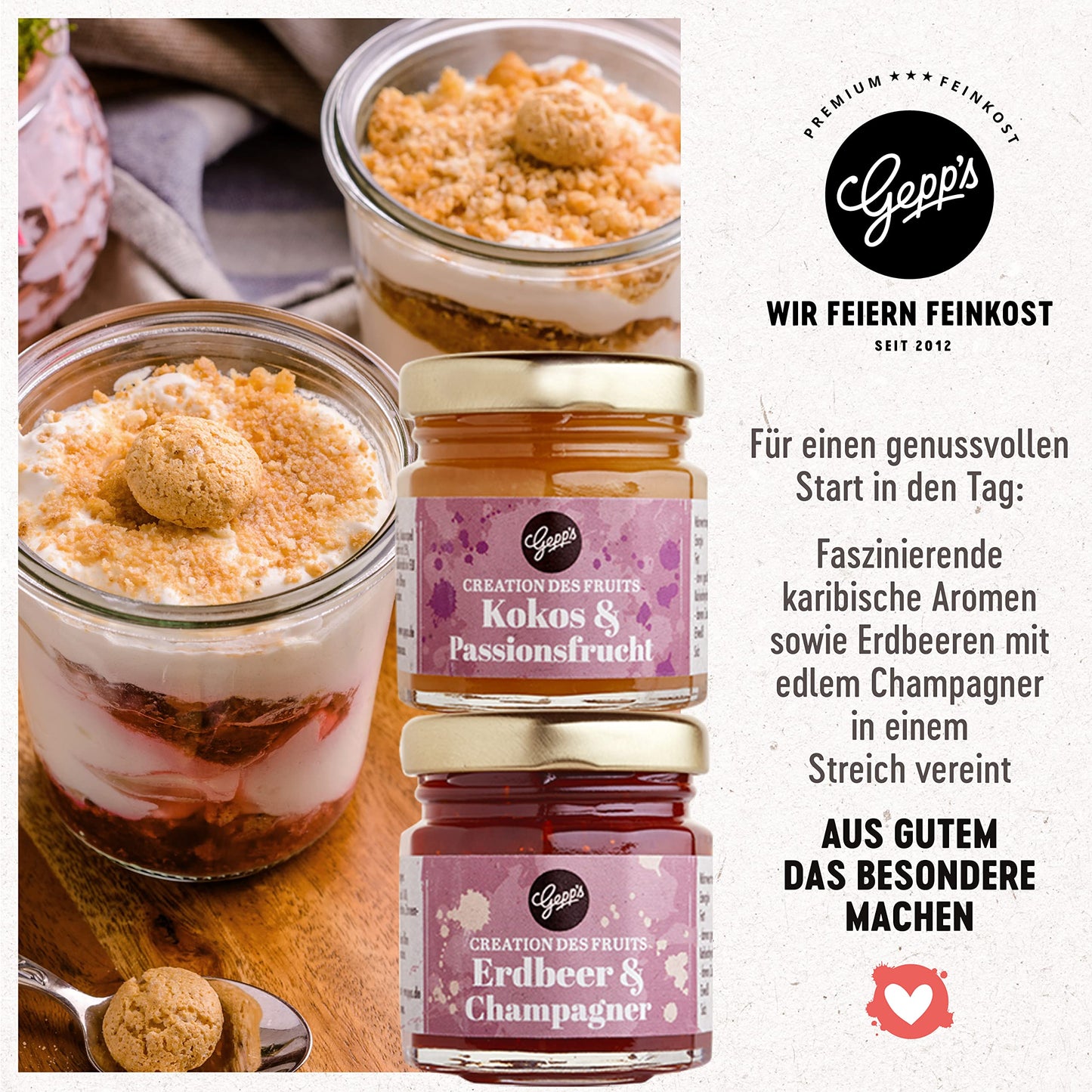 Gepp's Feinkost Frühstück Marmeladen Set I Mini Konfitüren in verschiedenen Geschmacksrichtungen I Geschenkset mit Spezialitäten wie Mango Ingwer Erdbeer & Champagner Fruchtaufstrich