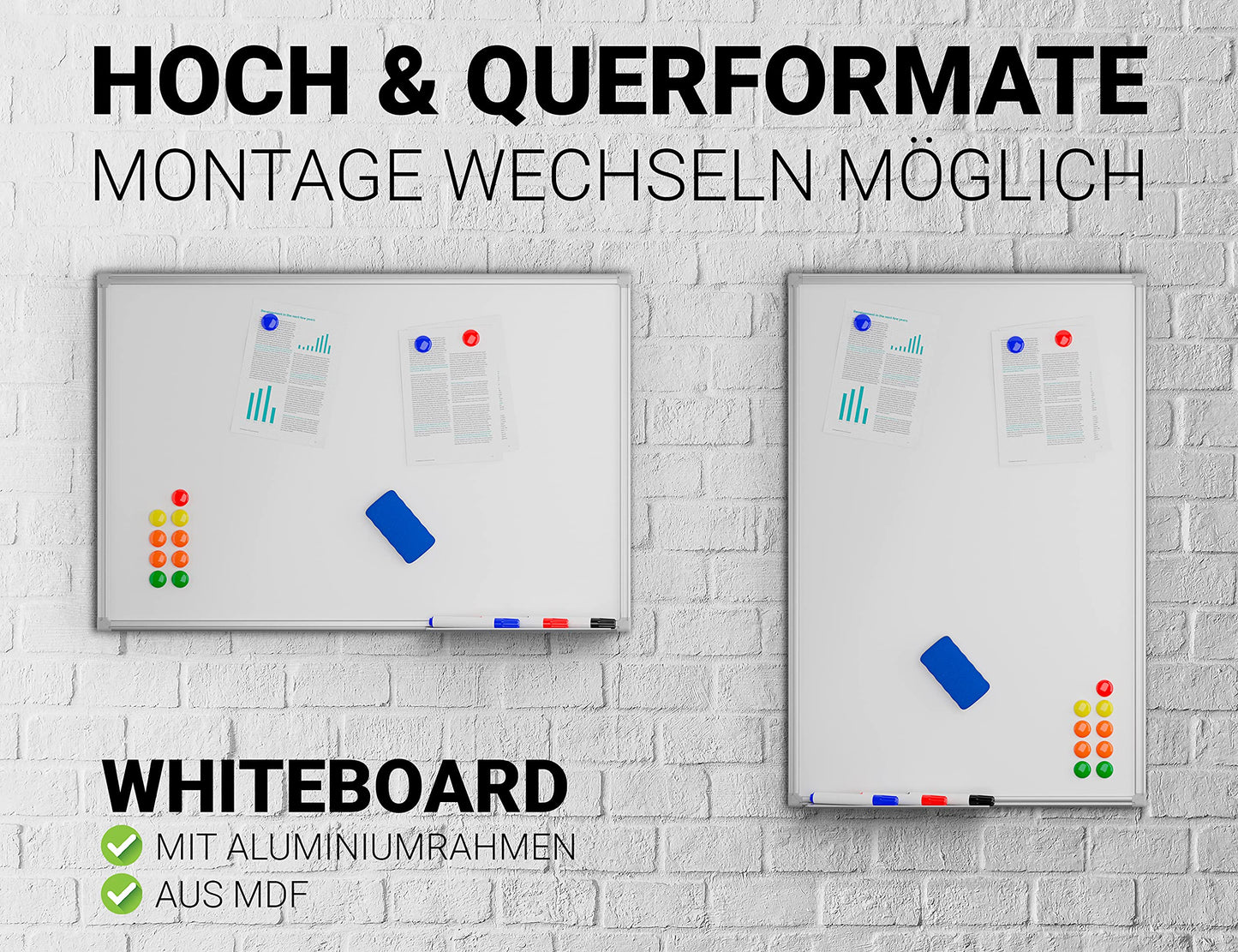 Alaskaprint Whiteboard magnetisch Magnettafel Magnetwand beschreibbar Pinnwand Tafel mit Alurahmen inklusive 3 Stifte, 12 Magnete und Schwamm 60 cm x 45 cm (B x H)