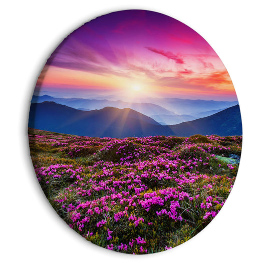 murando - runde Bilder Landschaft Fuchsia 80x80 cm Leinwandbild 1 tlg Kunstdruck modern Wandbilder XXL Wanddekoration Design Wand Bild Wiese Gebirge Natur Sonnenaufgang c-B-10005-bc-a