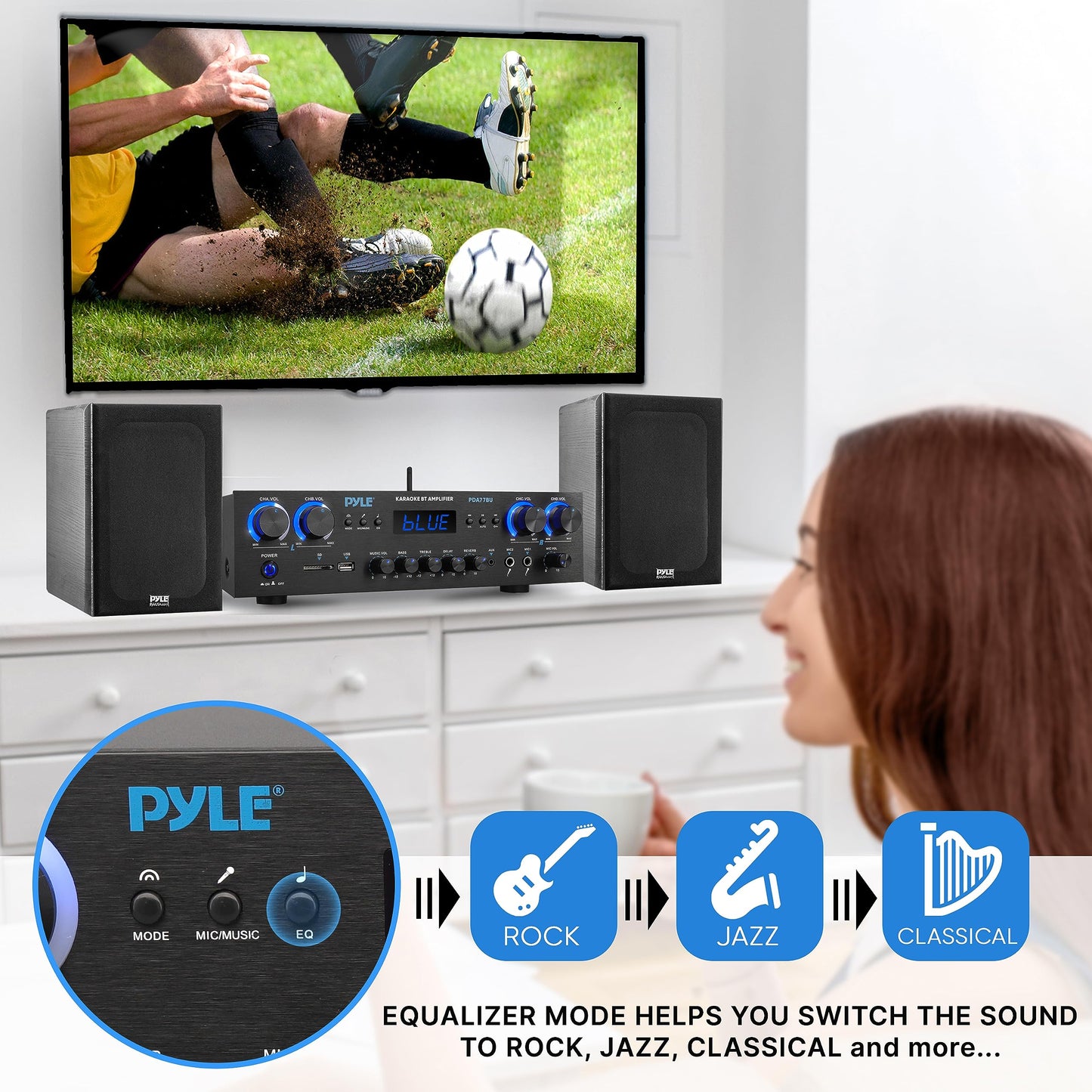Pyle 800-Watt Heimkino-Verstärker Stereo-Receiver mit Bluetooth-Streaming, unabhängiger Mikrofon-Echo- & Lautstärkeregelung, MP3/USB/SD/AUX/FM-Radio
