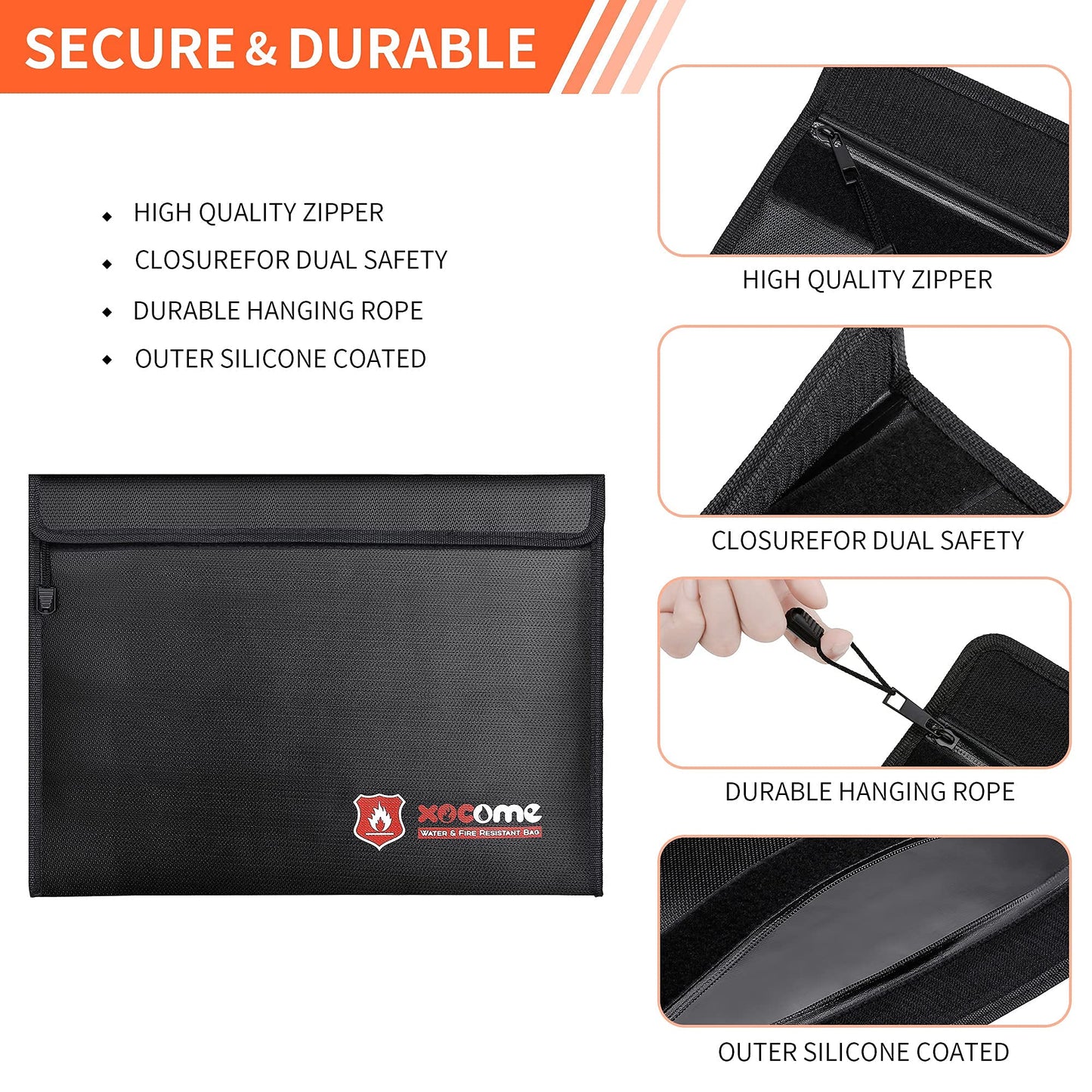 xocome 2 Stück Feuerfeste und wasserdichte Tasche(38x28cm, 23x17.5cm) Zweilagigen Glasfasermaterial, Feuersichere wasserdichte Aktentasche für A4 Dokumente, Passport Bankdatei Geld Wertsachen(Schwarz)