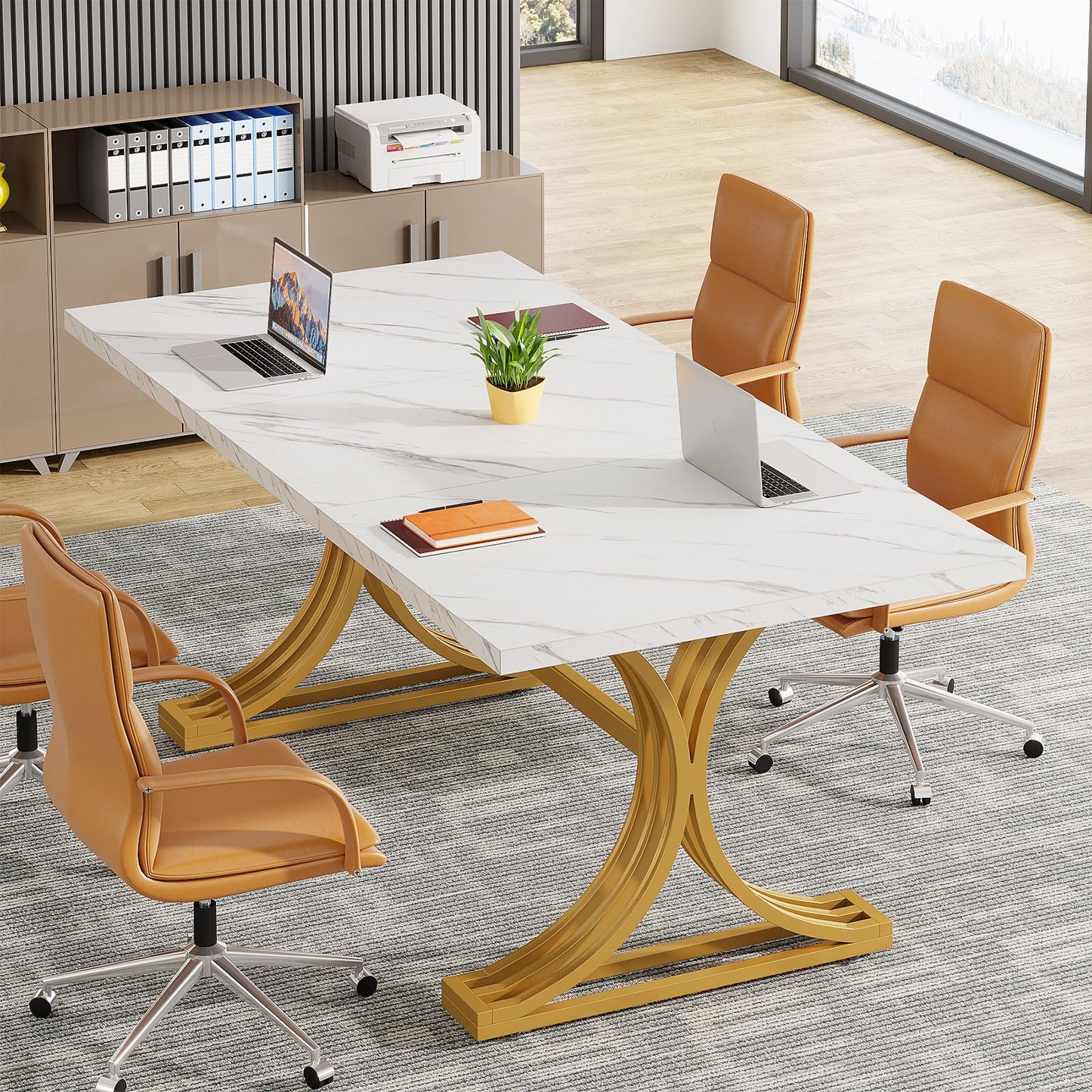 Tribesigns Konferenztisch aus Kunstmarmor, moderner Besprechungstisch mit goldfarbenen Beinen für 8–10 Personen, rechteckiger Seminar-Tisch für Büro, Konferenzraum (4, Weiß + Gold)