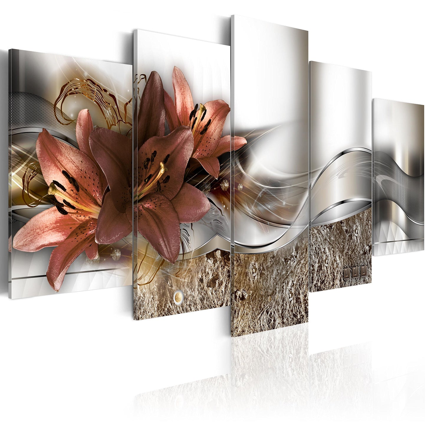 murando - Wandbilder XXL Blumen 200x100cm 5 tlg - Wand Deko Leinwand Bilder Groß Wanddeko Wohnzimmer Schlafzimmer Kunstdrucke - Lilien Abstrakt Diamant Textur silber dunkelrot