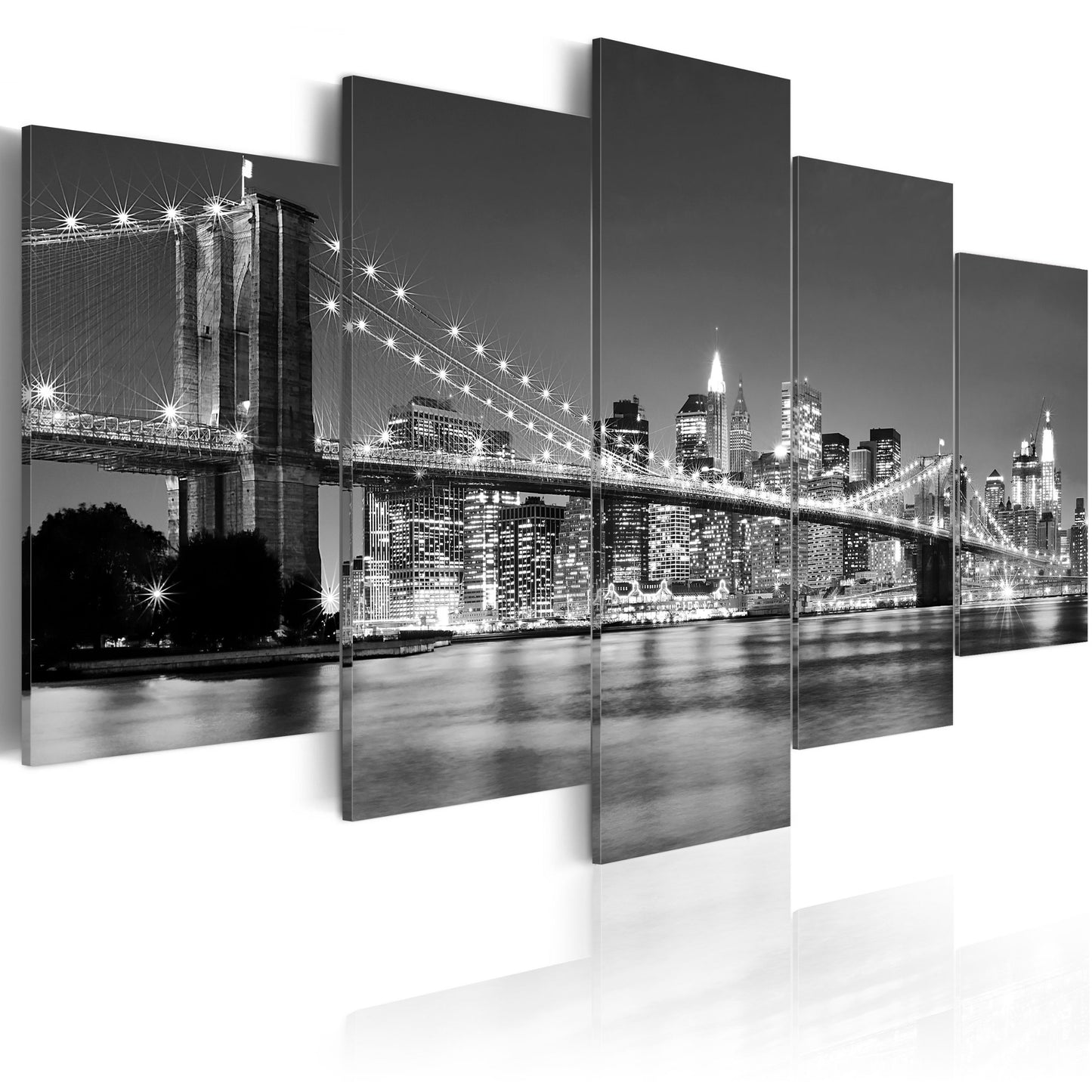 murando - Wandbilder XXL New York City 200x100 cm 5 tgl Wand Deko Leinwand Bilder Groß Wanddeko Wohnzimmer Bild Schlafzimmer Kunstdrucke - Skyline Brooklyn Bridge Stadt Nacht Manhattan Grau 030211-51