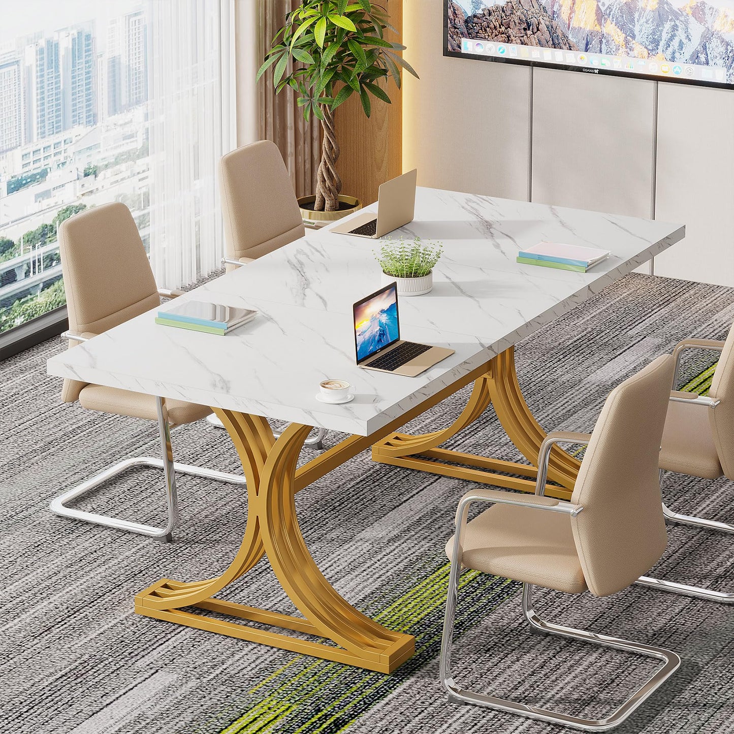 Tribesigns Konferenztisch aus Kunstmarmor, moderner Besprechungstisch mit goldfarbenen Beinen für 8–10 Personen, rechteckiger Seminar-Tisch für Büro, Konferenzraum (4, Weiß + Gold)