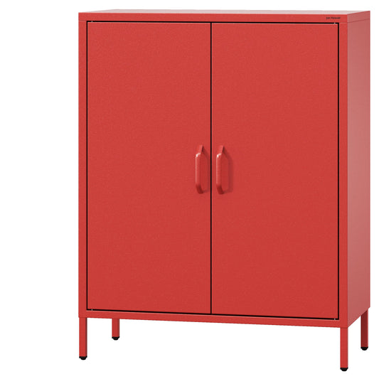 Jan Nowak Sideboard aus Metall, Kommode Glitzernd mit Doppeltür - VITO | Magnetverschluss, Verstellbare Einlegeböden | Highboard Wohnzimmer, Flur, Industriedesign | 80 x 101,5 x 40 cm | Rot