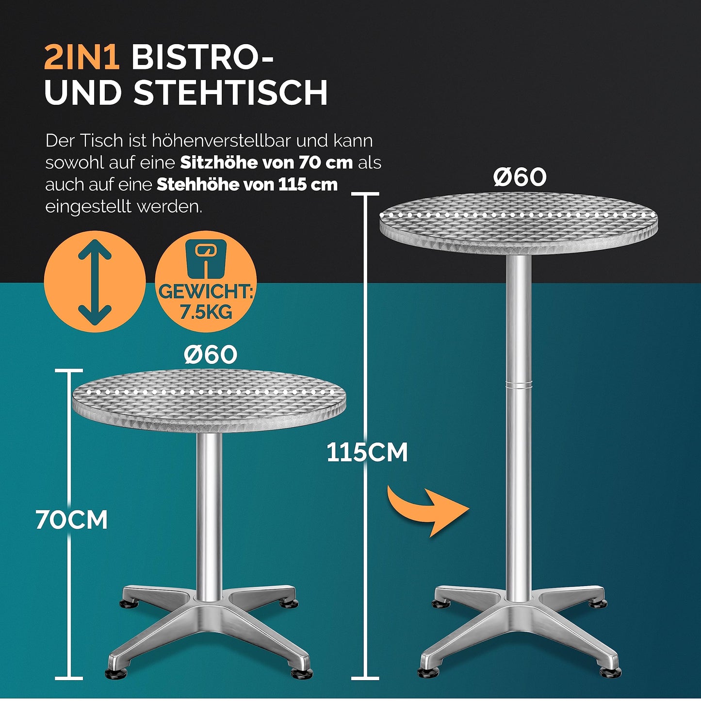Casaria® Stehtisch 2er Set Klappbar Höhenverstellbar 70cm / 115cm Hoch Aluminium Rund Ø 60cm Wetterfest Outdoor Garten Bistrotisch Bartisch Partytisch