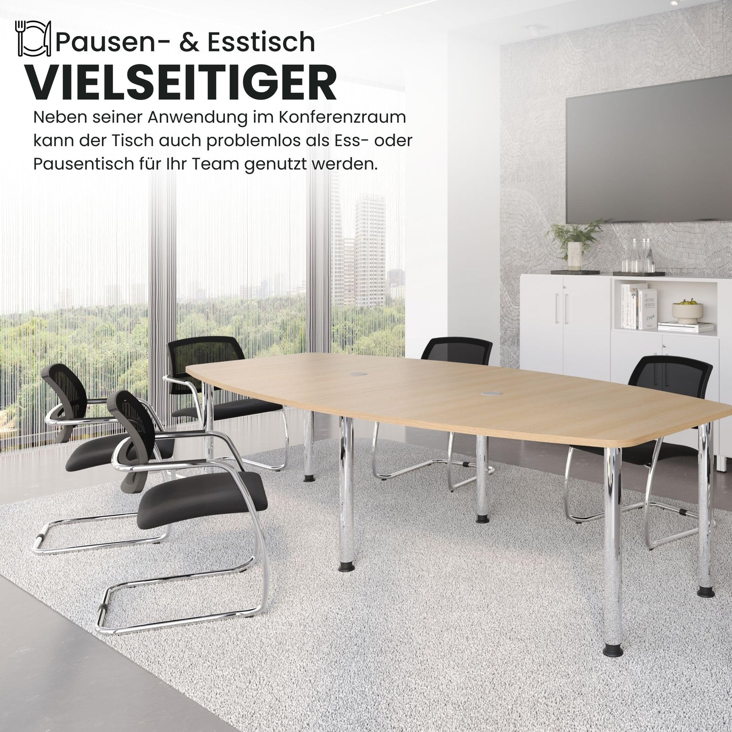Bümö Konferenztisch oval 220x103 cm großer Besprechungstisch in grau, Besprechungstisch mit Chromsäulen, Meetingtisch für 8 Personen, XXL-Tisch für Besprechungsraum & Meeting