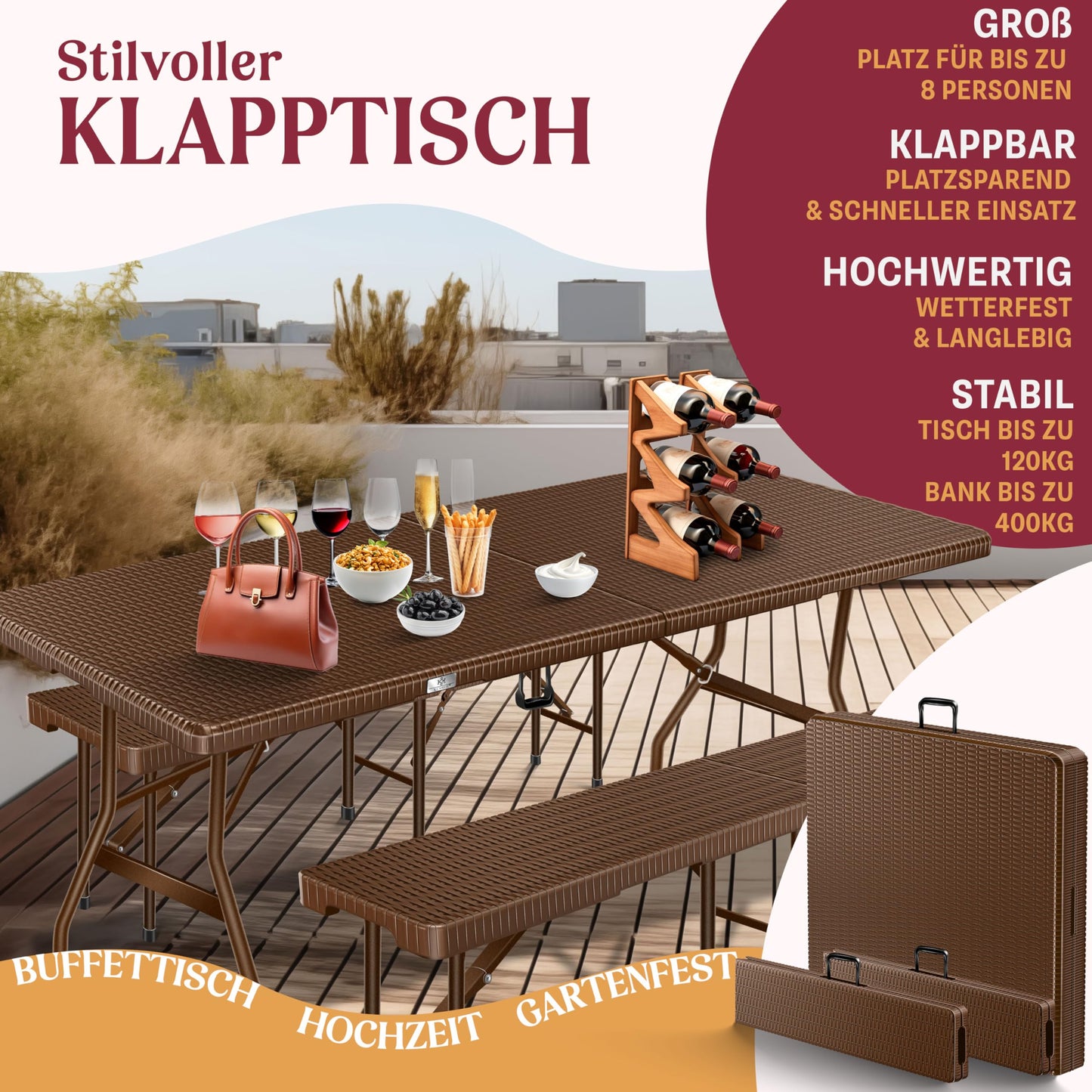 KESSER® Bierzeltgarnitur 3-teilig Set Tisch + 2X Bank, für drinnen - draußen klappbar Tragegriffe, HxBxT: 73x180x75 cm, Kunststoff, Rattan-Look Gartengarnitur, Klapptisch, Gartentisch, Braun