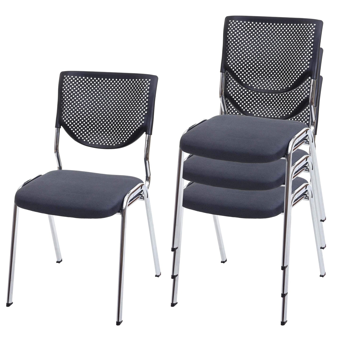 Mendler 4er-Set Besucherstuhl T401, Konferenzstuhl stapelbar, Stoff/Textil - Sitz dunkelgrau, Füße Chrom