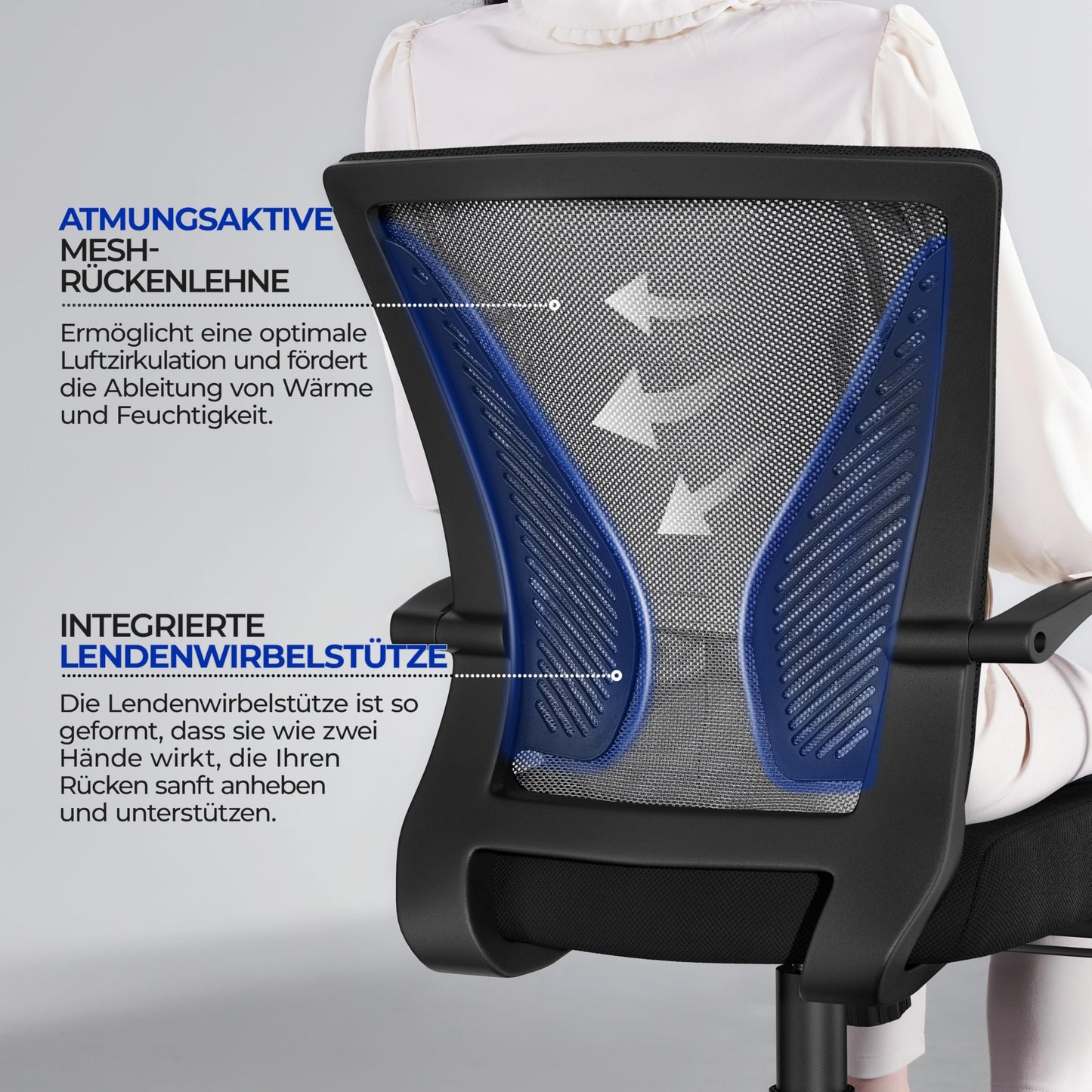 Yaheetech Bürostuhl Ergonomisch, Schreibtischstuhl mit Netzbespannung, Arbeitsstuhl mit Armlehnen, Chefsessel aus Mesh, höhenverstellbarer Computerstuhl 136 kg, atmungsaktiv, Wippfunktion Schwarz