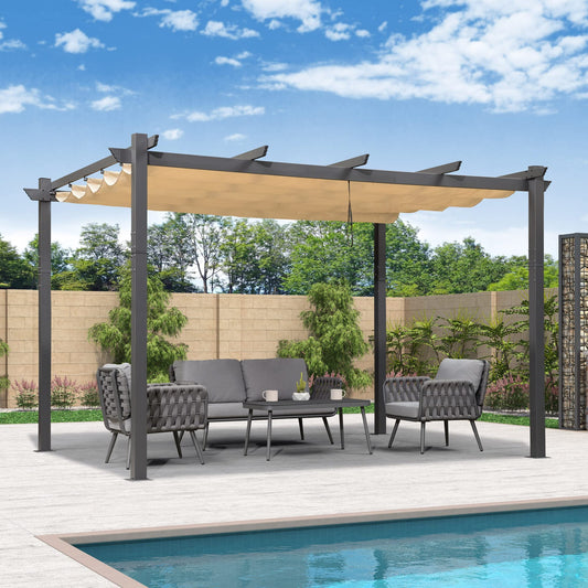 PURPLE LEAF Pergola Aluminium, 3.3 x 4 m Wasserdicht Stabil Winterfest Terassenüberdachung, Gartenpavillon mit Sonnenschutz Überdachung, Beige