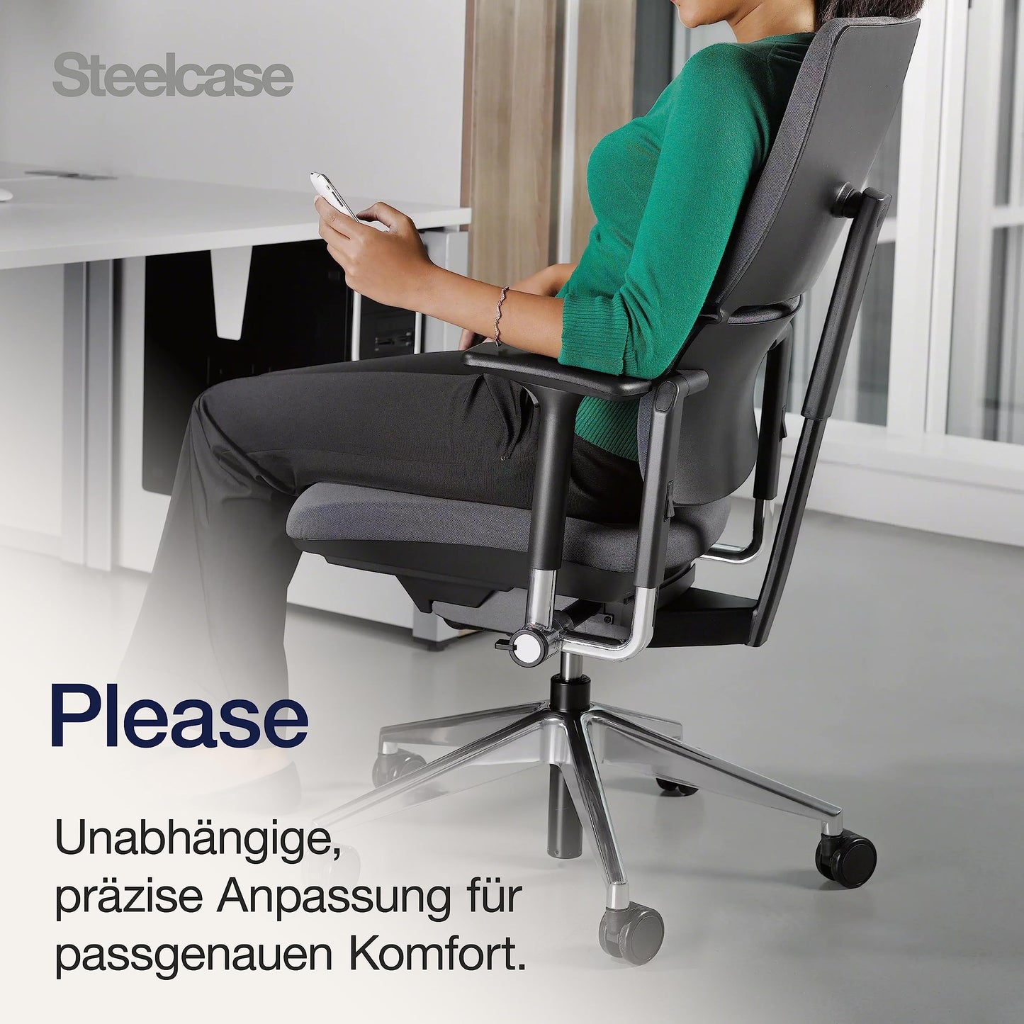 Steelcase Please Ergonomischer Bürodrehstuhl mit höhenverstellbarer Lumbalstütze für Unterstützung den ganzen Tag über, anpassbare Kopfstütze Trüffel