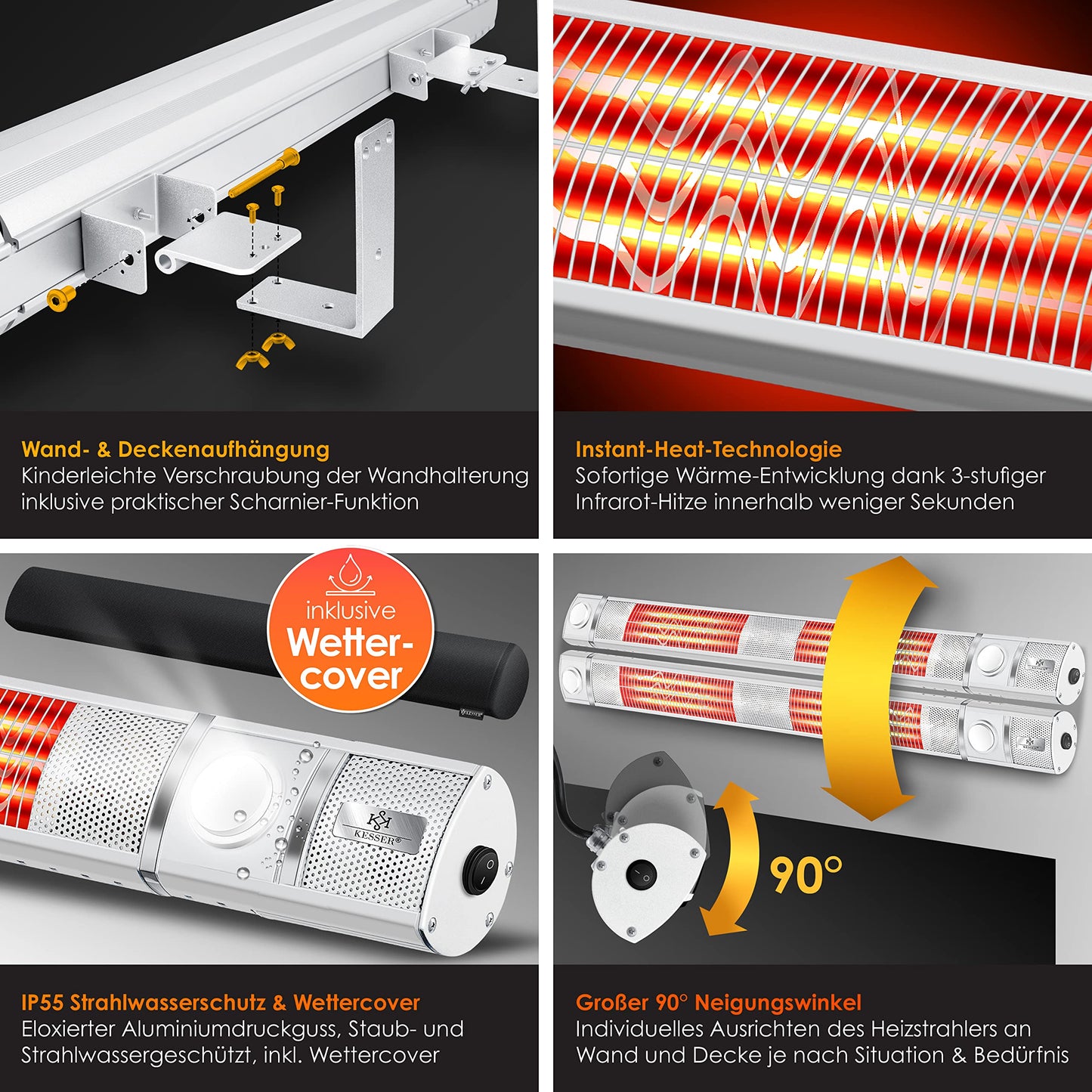 KESSER® Infrarot Heizstrahler 3000W IR-Gastro-Bar Inkl. LED Licht Terrassenstrahler Mit WiFi & Fernbedienung inkl. Schutzhülle Infrarotstrahler Quarzstrahler Terrassenheizer Wand-Heizstrahler