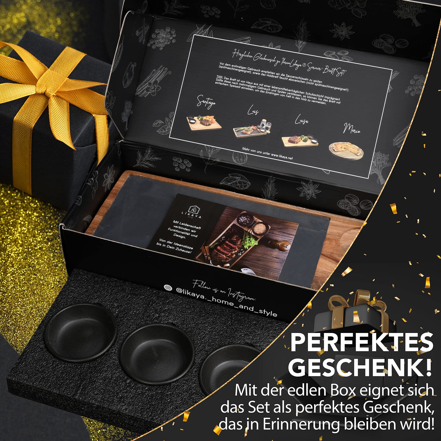 LIKAYA® Servierbrett 2er-Set 'LUIS' – FSC® Akazienholz & Schieferplatte mit Saucenschüsseln | Perfekt als Grillbrett, Steakbrett & Geschenk für Burger, Steak & Sushi