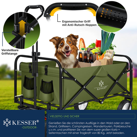 KESSER® Bollerwagen faltbar Handwagen Transportkarre Gerätewagen | inkl. 2 Netztaschen & Cover | klappbar | PVC-Reifen | bis 80 kg Tragkraft transportwagen Gartenanhänger ohne Dach, Khaki/Schwarz