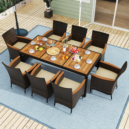 COSTWAY 9 TLG. Rattan Gartenmöbel Set, Sitzgruppe für 8 Personen, Gartentisch mit Tischplatte aus Akazienholz, 8 stapelbare Stühle & Kissen, Terrassenmöbel Set, Sitzgarnitur, Gartengarnitur, Essgruppe
