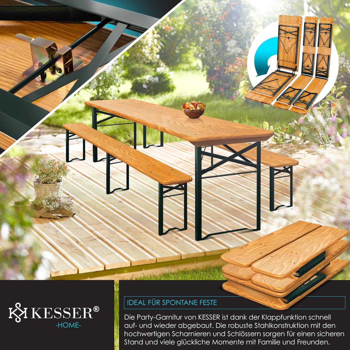 KESSER® Bierzeltgarnitur 3 teilig Gartenmöbel-Set | Klappbar 220 x 50 x 77cm | 2X Bierbänke 1x Biertisch | Festzeltgarnitur Biertisch Stehtisch Sitzgarnitur Holz 16-teiliges Bodenschoner-Set