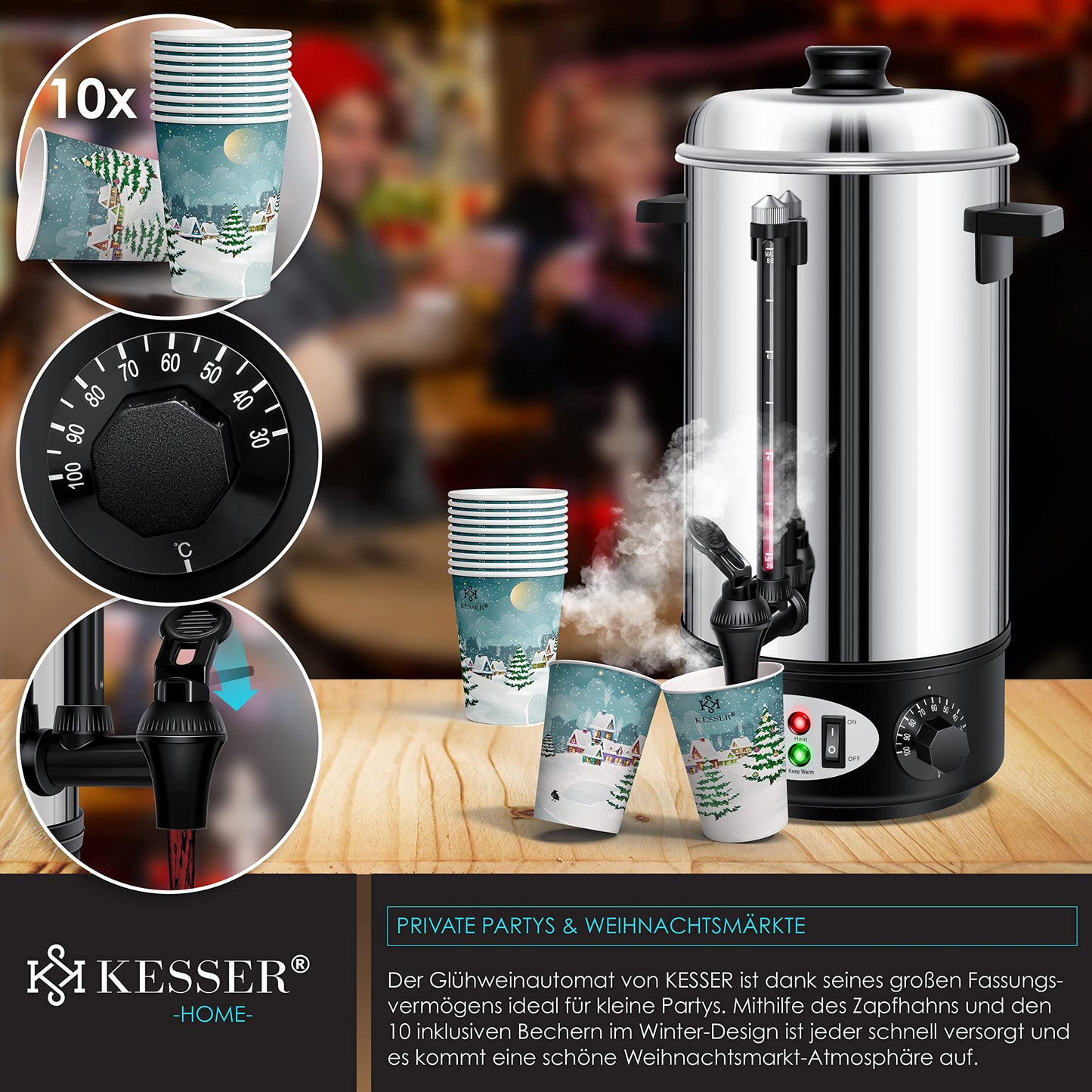 KESSER Glühweinkessel 8L, Edelstahl, mit Thermostat und 10 Bechern, Heißgetränkeautomat für Glühwein, Tee und Suppen, Ideal für Partys