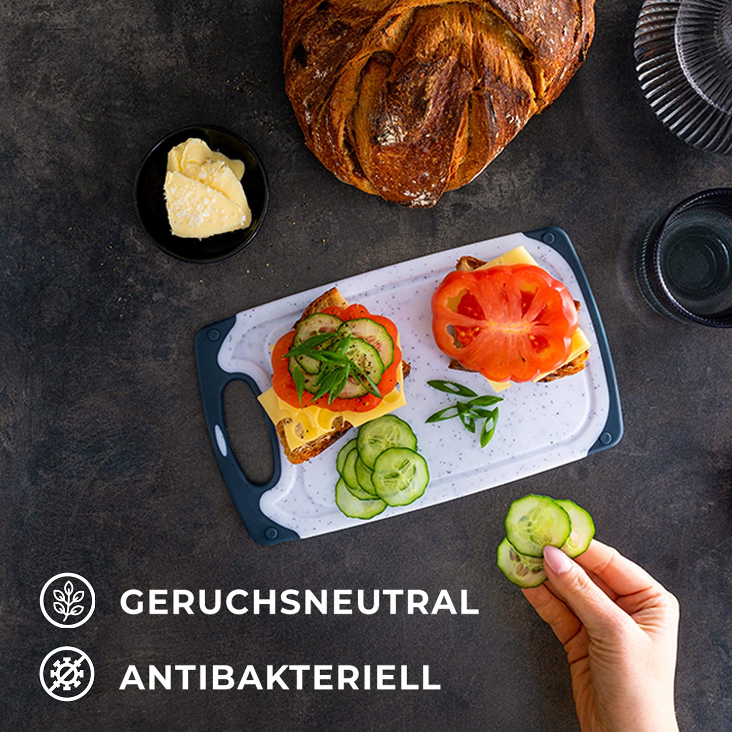 Exitoso Schneidebrett 3er Set mit Saftrille - Schneidebrett spülmaschinenfest und rutschfest - Marmoroptik weiß Schneidebrett Kunststoff BPA frei - Schneidebrett Kunststoff groß Schneidebrett Set