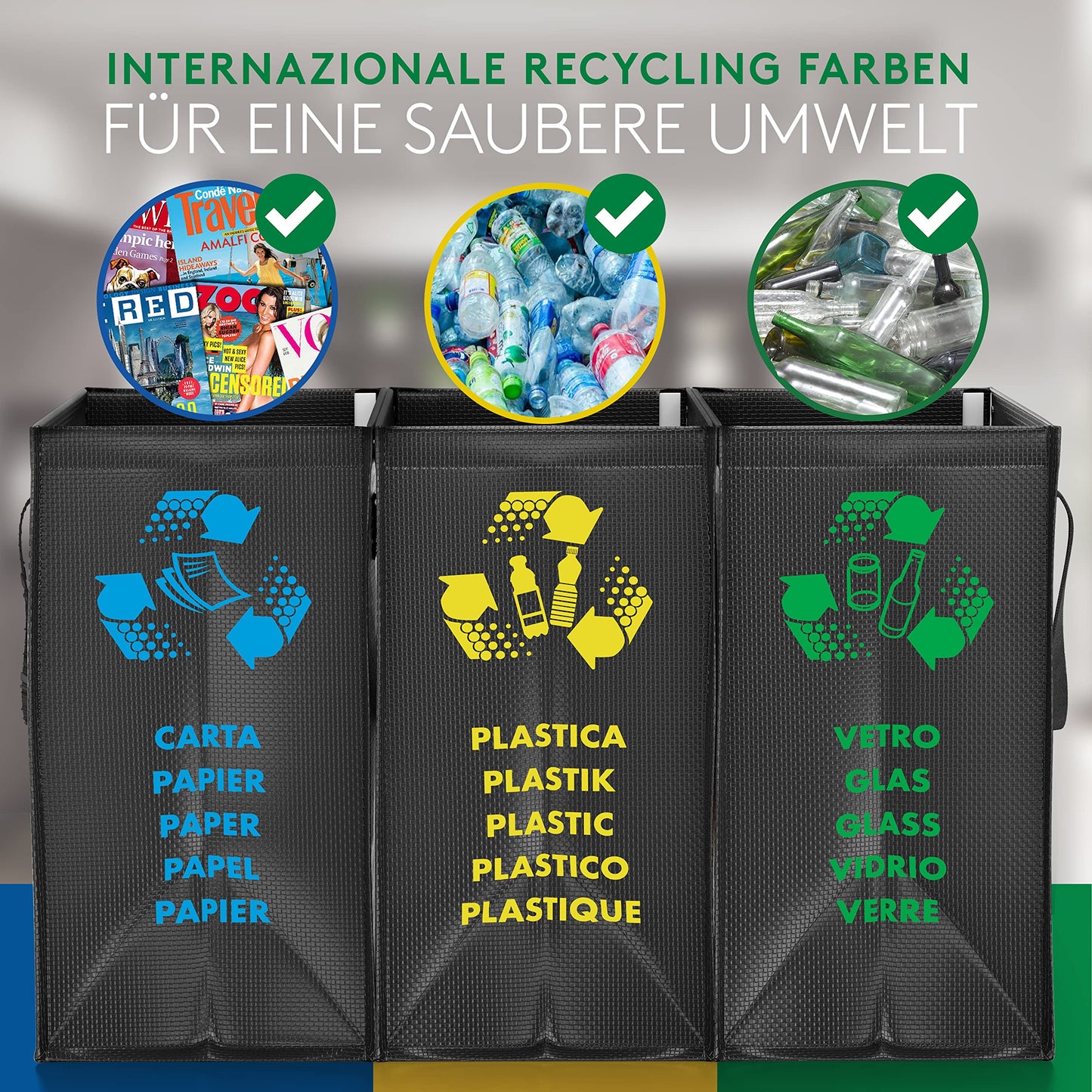 PTMS® Mülleimer 3 Fächer - Mülltrennsystem für Papier, Glas und Plastik - Umweltfreundliche Recycling Organizer Taschen aus sehr resistenten und wiederverwendbaren Materialien - Einfache Entleerung