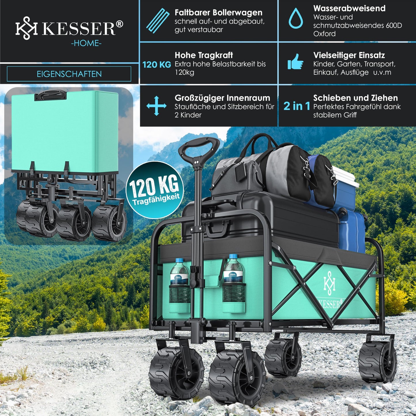 KESSER® Bollerwagen faltbar mit Breite Reifen Handwagen Transportkarre Gerätewagen, inkl. 2 Netztaschen & Seitentasche | klappbar | Vollgummi-Reifen | Transportwagen Gartenanhänger, Mint Grün