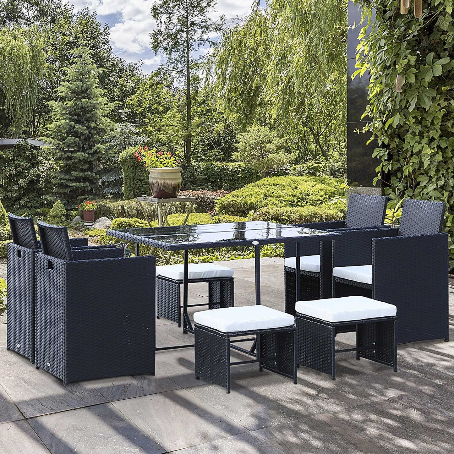 Outsunny 9 TLG. Polyrattan Gartenmöbel Rattan Gartenset Sitzgruppe Garnitur Essgruppe inkl. Kissen Schwarz 109 x 109 x 72 cm