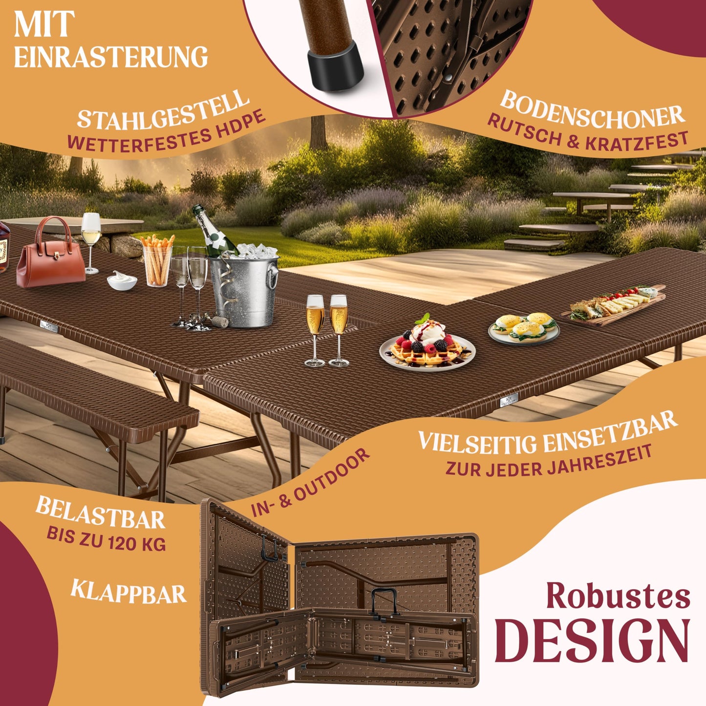 KESSER® Bierzeltgarnitur 3-teilig Set Tisch + 2X Bank, für drinnen - draußen klappbar Tragegriffe, HxBxT: 73x180x75 cm, Kunststoff, Rattan-Look Gartengarnitur, Klapptisch, Gartentisch, Braun