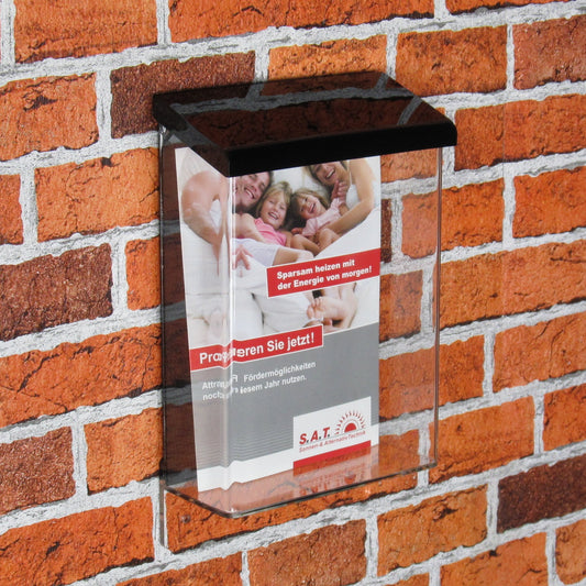 Acrylglas Prospektbox DIN A5 Hochformat, wetterfest, Schwarz/Transparent, Wandmontage, Plexiglas