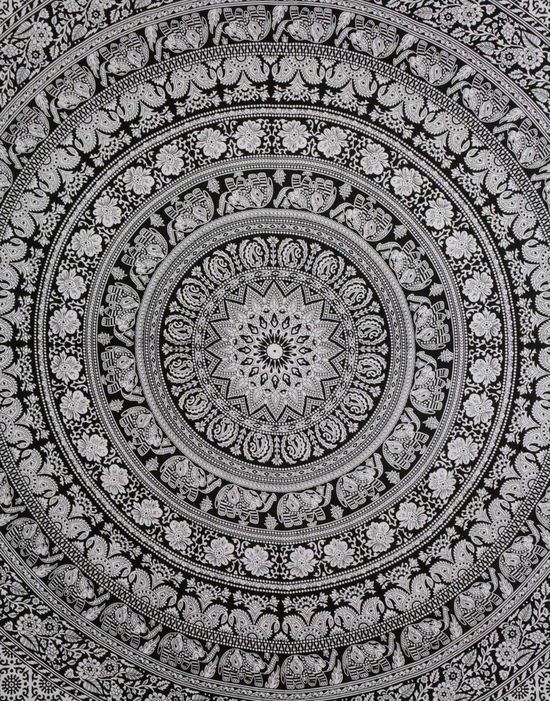 RAJRANG Baumwolle Elefant Mandala Tapisserie Wandbehang Deko Schwarz Weiß 230x213 cm