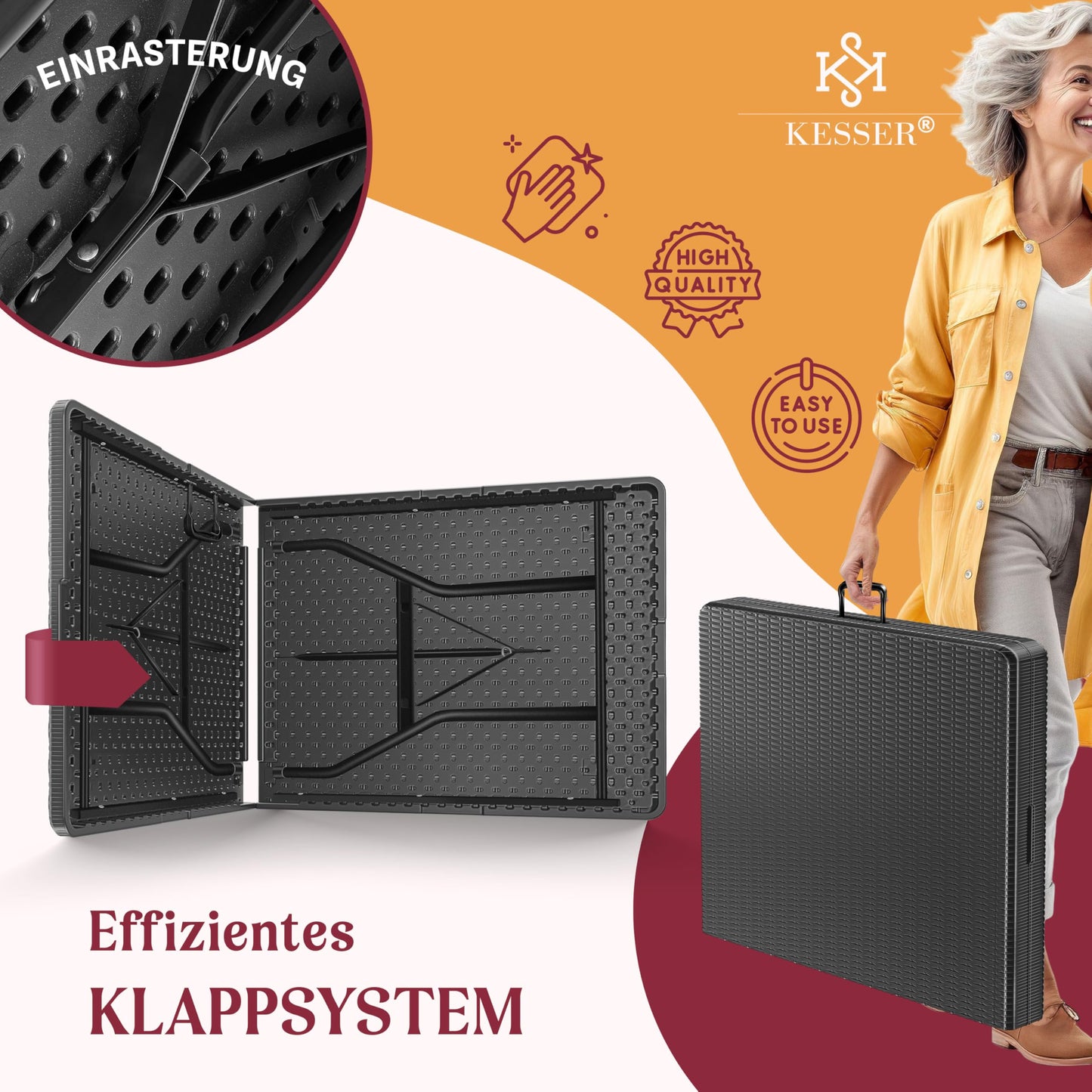 KESSER® Buffettisch Tisch klappbar Kunststoff 183x76 cm Rattan Optik Campingtisch Partytisch Klapptisch Gartentisch für Garten Terrasse und Balkon zusammenklappbar 6 Personen ink. Tragegriff Anthrazit