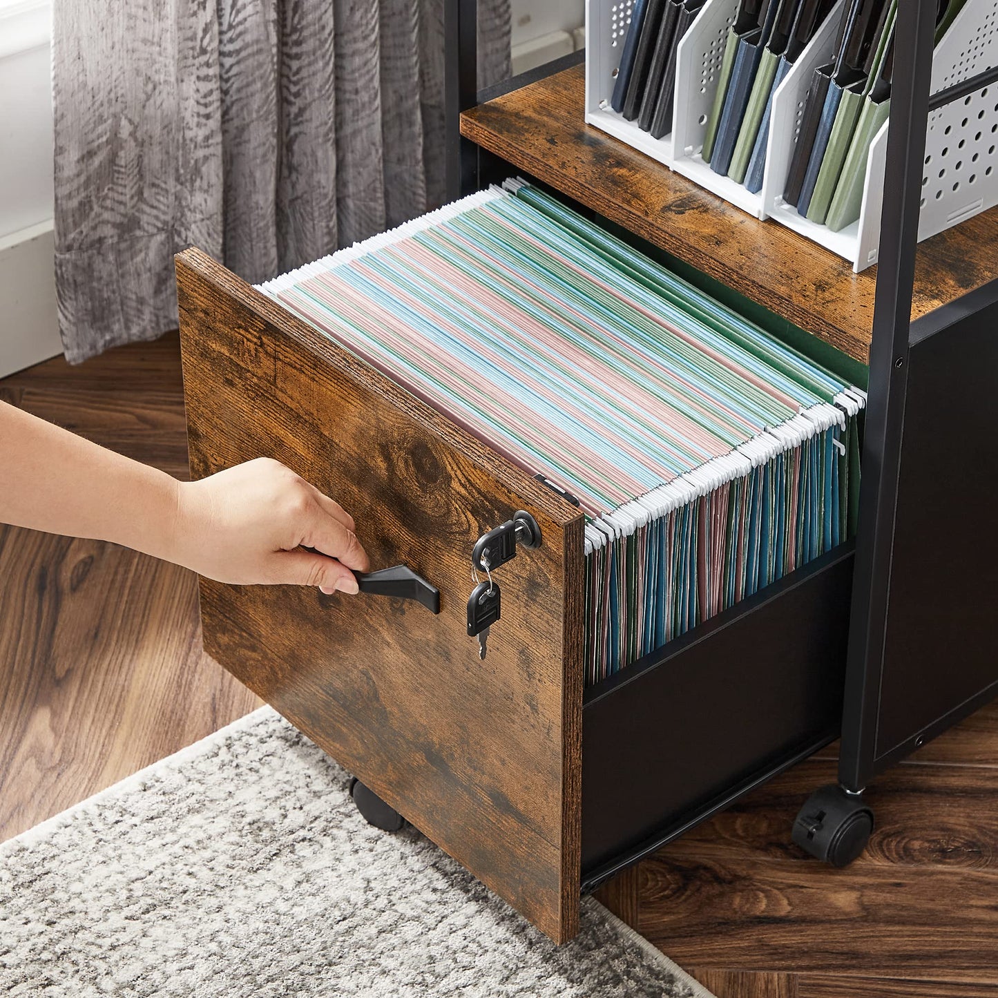 VASAGLE Aktenschrank mit 1 Schublade, Aktenschrank mit Schloss, Druckerständer, Büro-Aktenschrank-Organizer, für A4- und Briefformat, rustikales Braun und Schwarz UOFC044B01