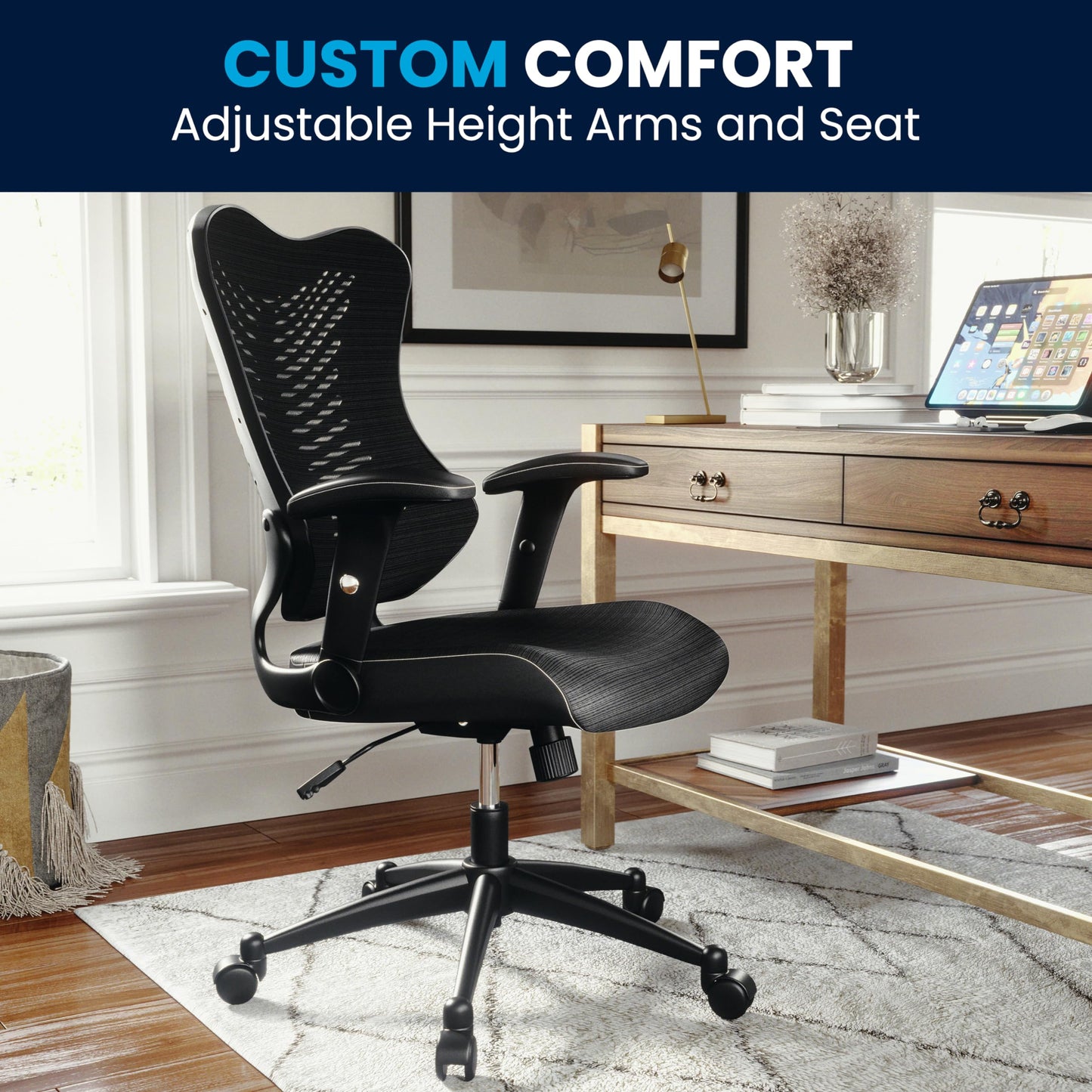 Flash Furniture Bürostuhl, ergonomisch, mit Netz-Rückenunterstützung, hoher Rückenlehne, höhenverstellbarem Sitz und feststellbarem Kipphebel, schwarz, 64 x 65 x 109 cm