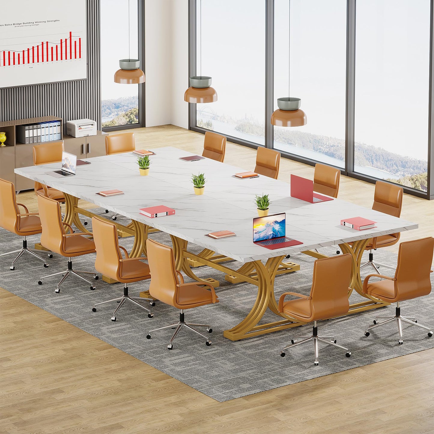 Tribesigns Konferenztisch aus Kunstmarmor, moderner Besprechungstisch mit goldfarbenen Beinen für 8–10 Personen, rechteckiger Seminar-Tisch für Büro, Konferenzraum (4, Weiß + Gold)