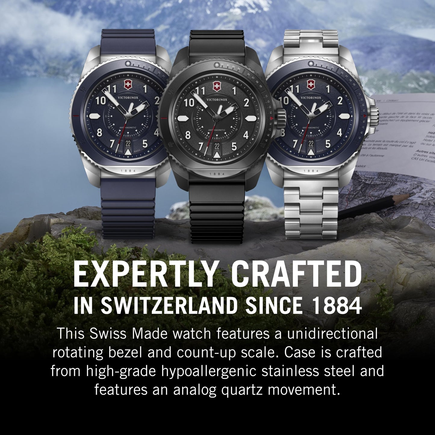 Victorinox Herren Armbanduhr Journey 1884 Ø 43 mm, Swiss Made, Analog Quarz, Wasserdicht bis 200 m, Edelstahl-Armband, Schwarz/Silber