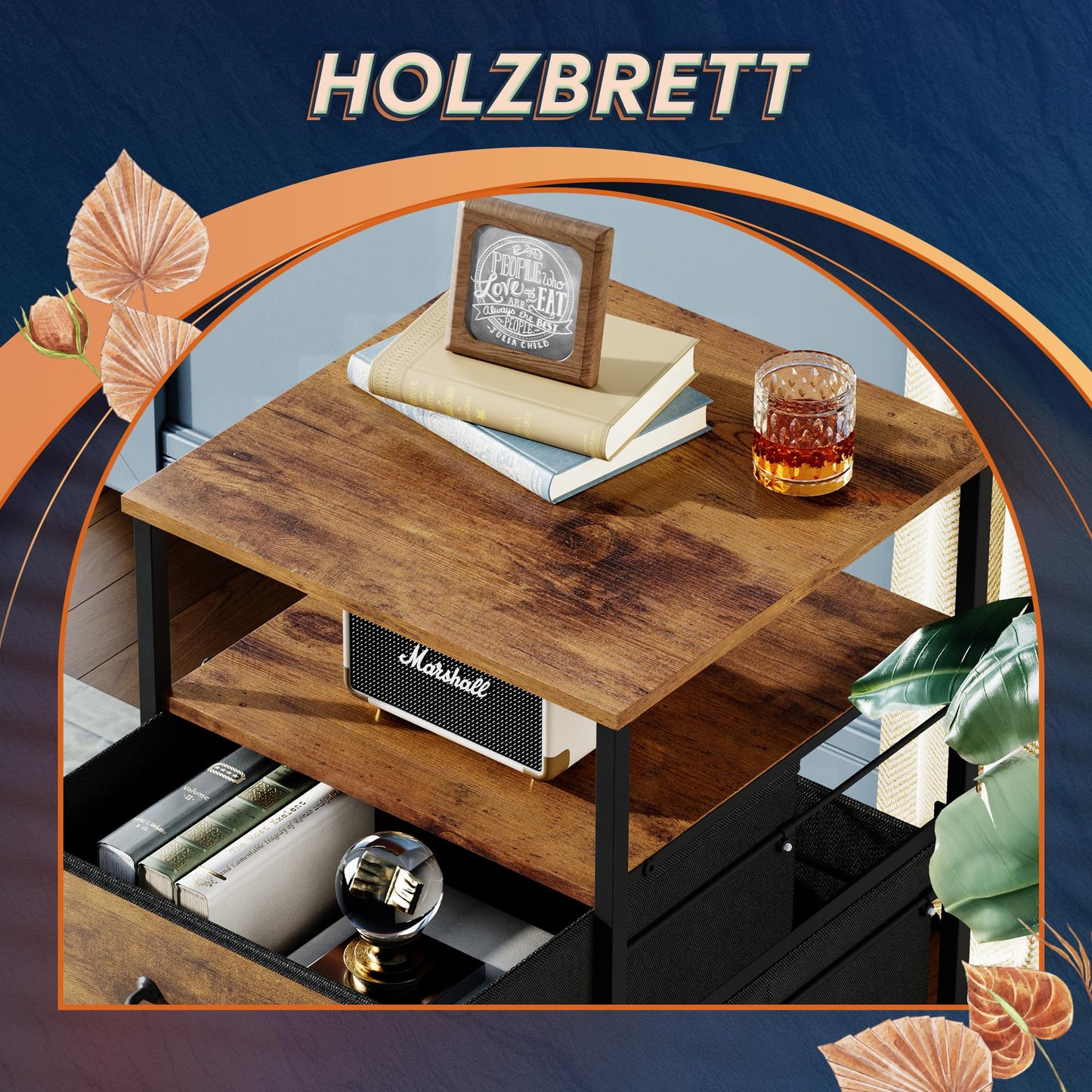 DEVAISE Rollcontainer, Aktenschrank mit 2 Schubladen und Offenes Fach, Büroschrank mit Feststellbaren Rädern, für A4/Legal/Letter, Vintagebraun-Schwarz