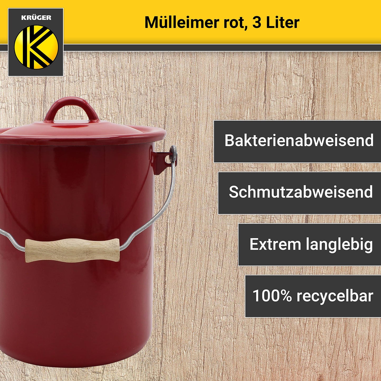 KRÜGER Mülleimer mit Deckel - Stahl Abfalleimer mit Emaille-Beschichtung und Holzgriff - schnitt- und kratzfeste Oberfläche - langlebig und vielseitig einsetzbar(3 Liter, rot)