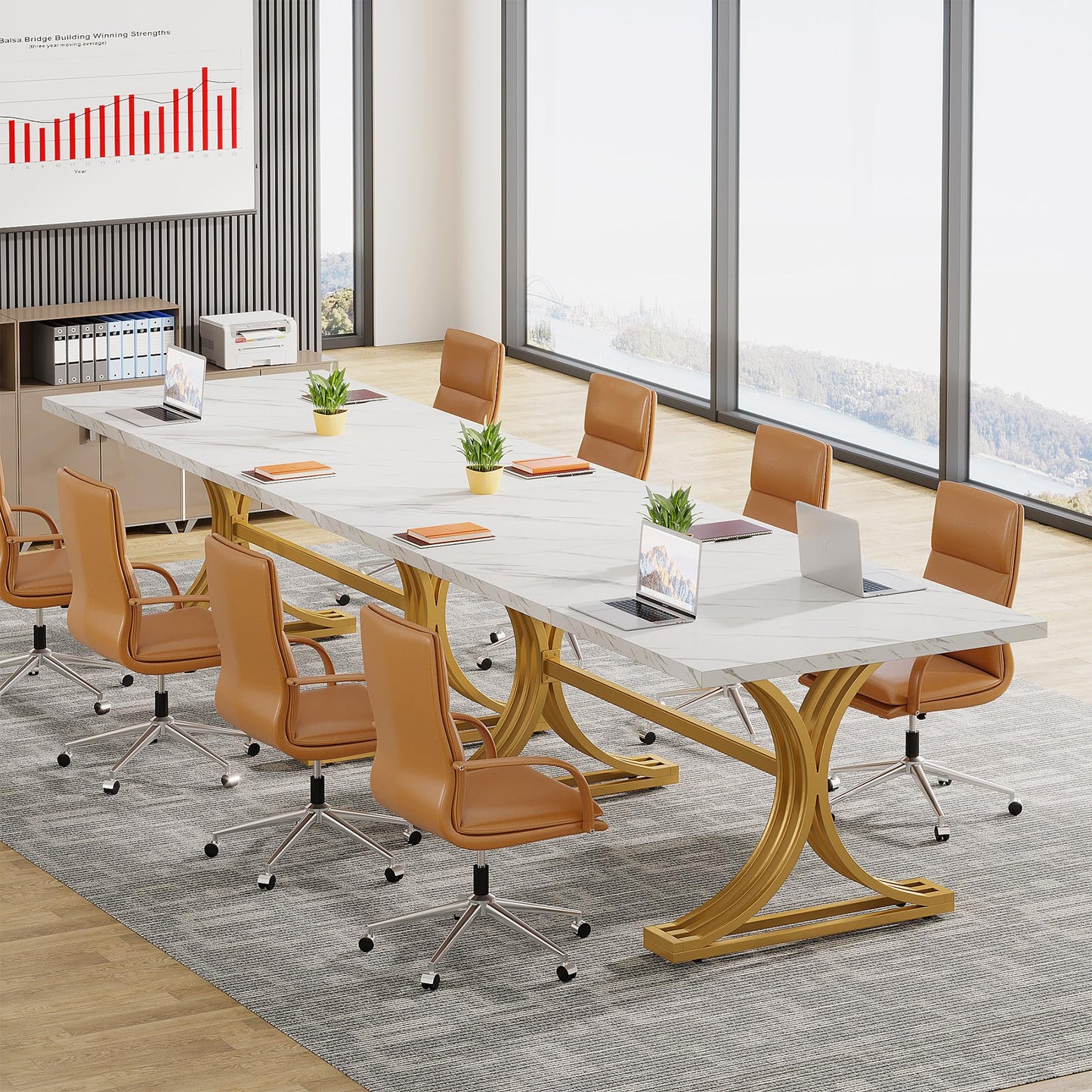 Tribesigns Konferenztisch aus Kunstmarmor, moderner Besprechungstisch mit goldfarbenen Beinen für 8–10 Personen, rechteckiger Seminar-Tisch für Büro, Konferenzraum (4, Weiß + Gold)