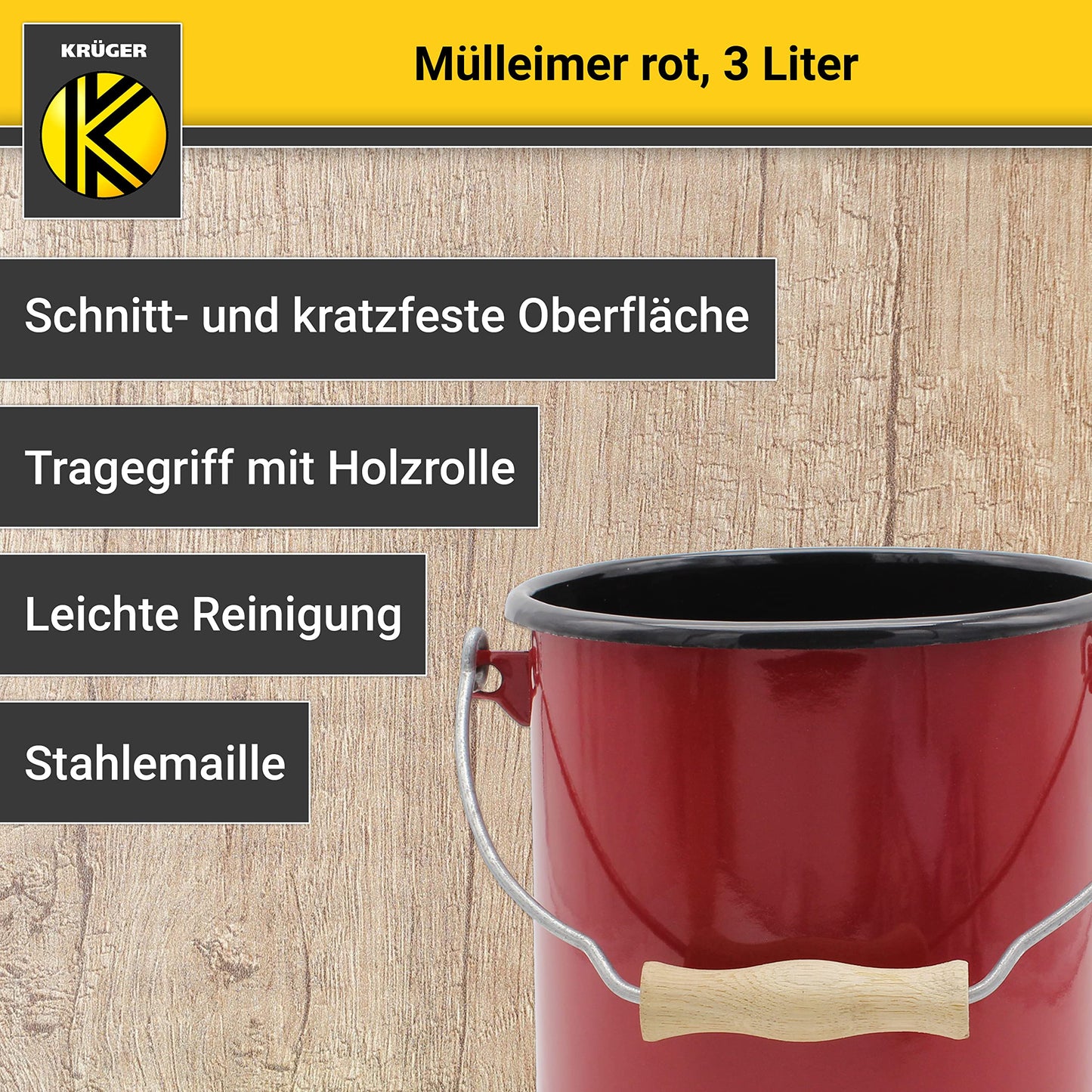 KRÜGER Mülleimer mit Deckel - Stahl Abfalleimer mit Emaille-Beschichtung und Holzgriff - schnitt- und kratzfeste Oberfläche - langlebig und vielseitig einsetzbar(3 Liter, rot)