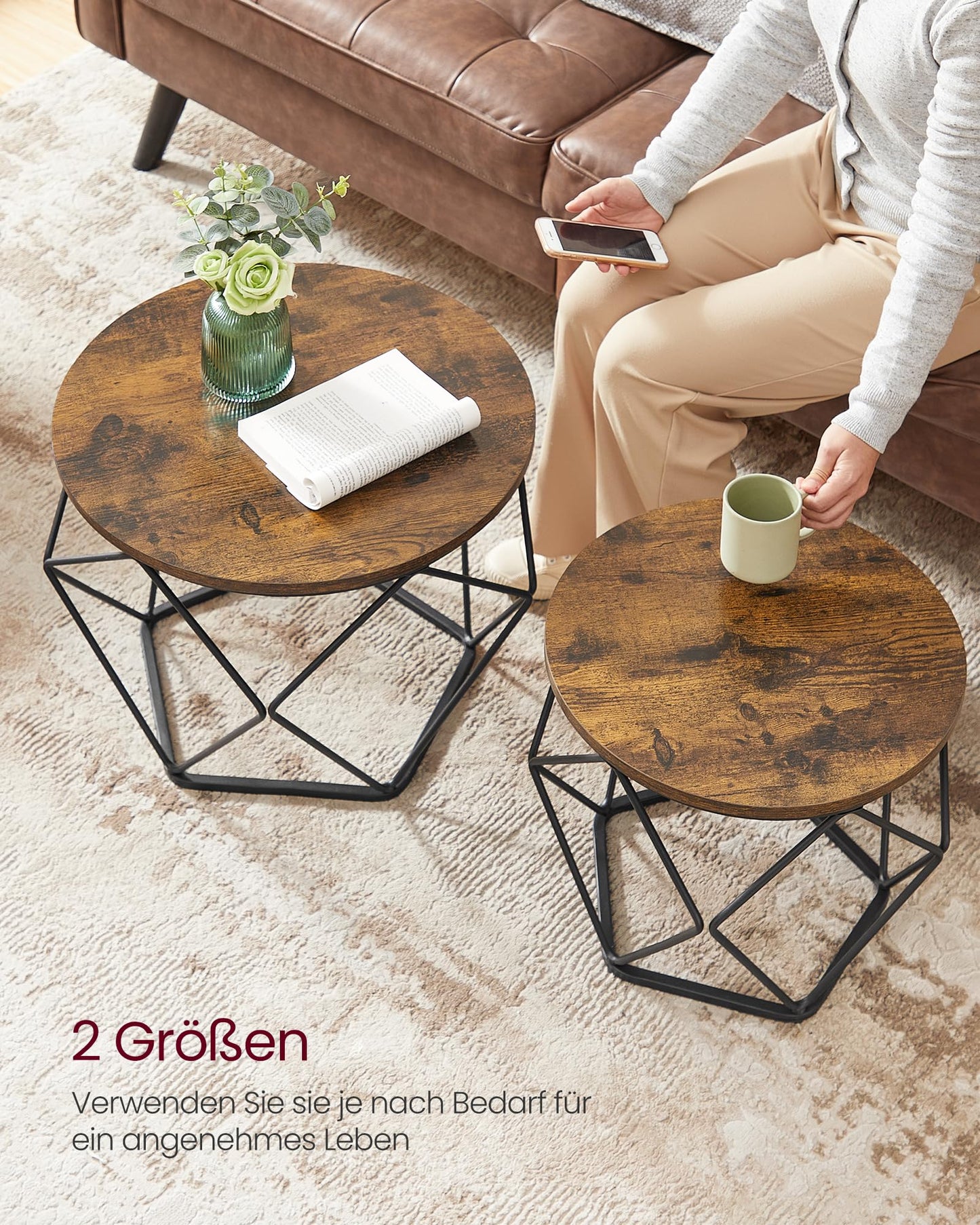 VASAGLE 2er-Set Runder Couchtisch, Vintage Braun/Tinten Schwarz, Beistelltisch mit Abnehmbarer Platte, Industrie-Vintage für Wohnzimmer
