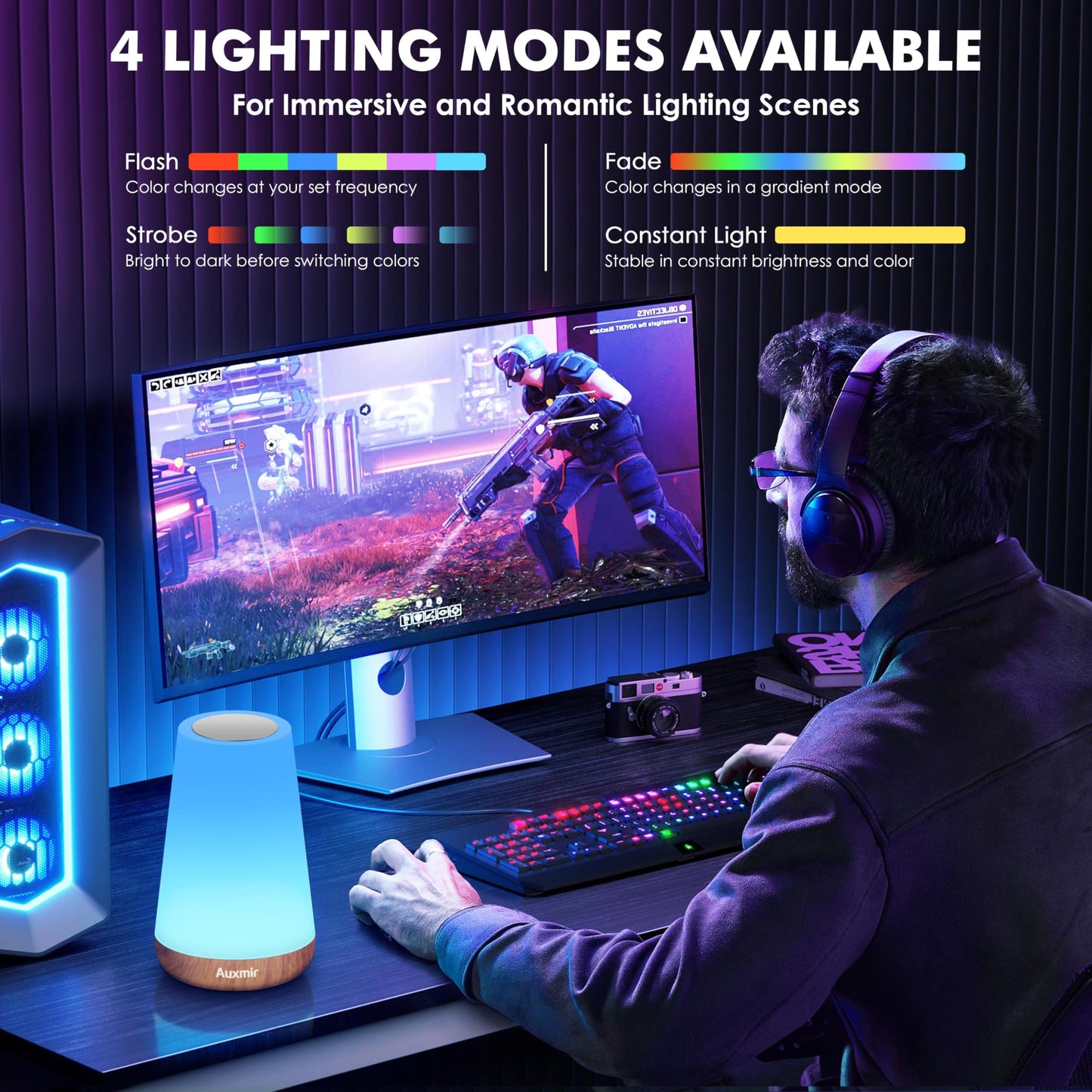 Auxmir Nachttischlampe Nachtlicht Touch Dimmbar mit 13 Farben und 4 Modi, LED Tischlampe USB Aufladbar mit Fernbedienung, Nachtlampe mit Timing Funktion für Schlafzimmer Wohnzimmer, Hellbraun