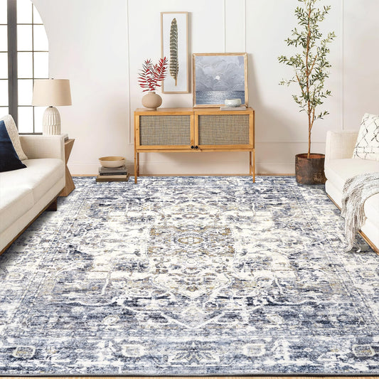 PONY DANCE Vintage Teppich Wohnzimmer 160x230 cm Kurzflor Teppich Weich Dünner und Faltbarer Teppich Antirutsch Küchen Teppich Waschbar in Waschmaschine Carpet, Blau