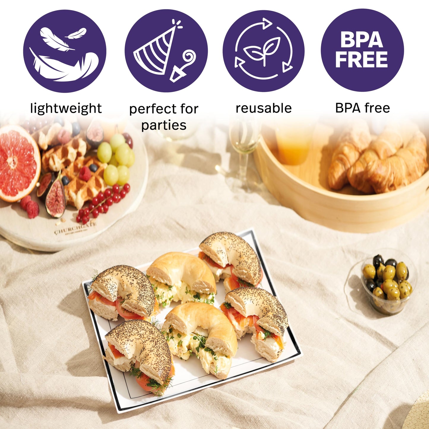 MATANA 6 Weiße Plastik Servierplatten mit Schwarzem Rand für Vorspeisen & Fingerfood - Catering, Buffets, Geburtstage, Hochzeiten & Partys - 30x22cm