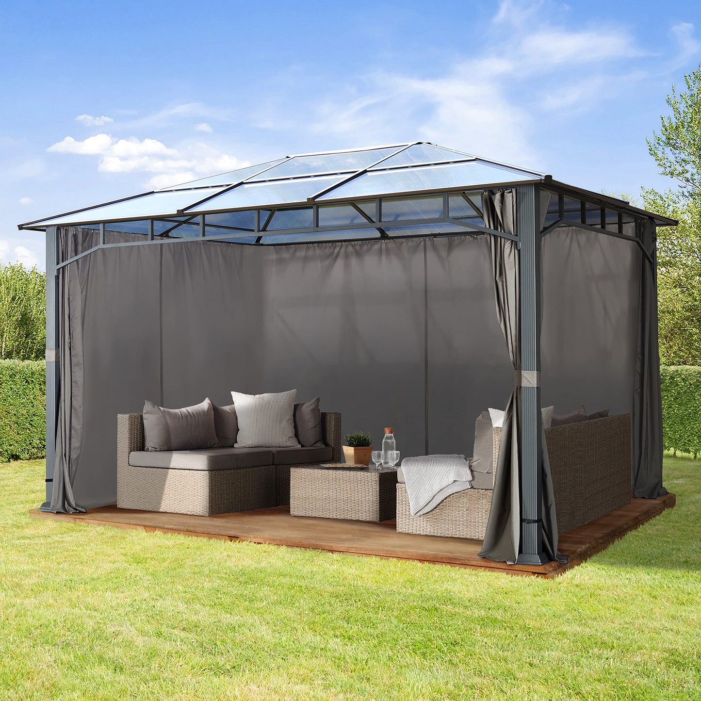 TOOLPORT Gartenpavillon 3x4 m wasserdicht ALU Deluxe Polycarbonat Dach ca. 8mm Pavillon 4 Seitenteile Partyzelt grau 9x9cm Profil