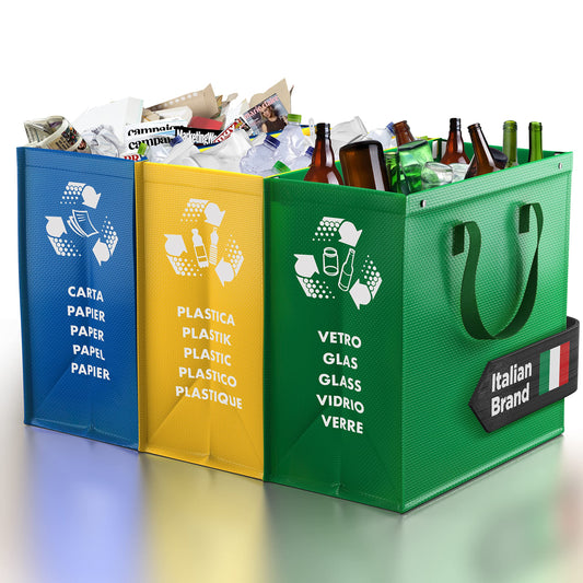 PTMS® Mülleimer 3 Fächer - Mülltrennsystem für Papier, Glas und Plastik - Umweltfreundliche Recycling Organizer Taschen aus sehr resistenten und wiederverwendbaren Materialien - Einfache Entleerung