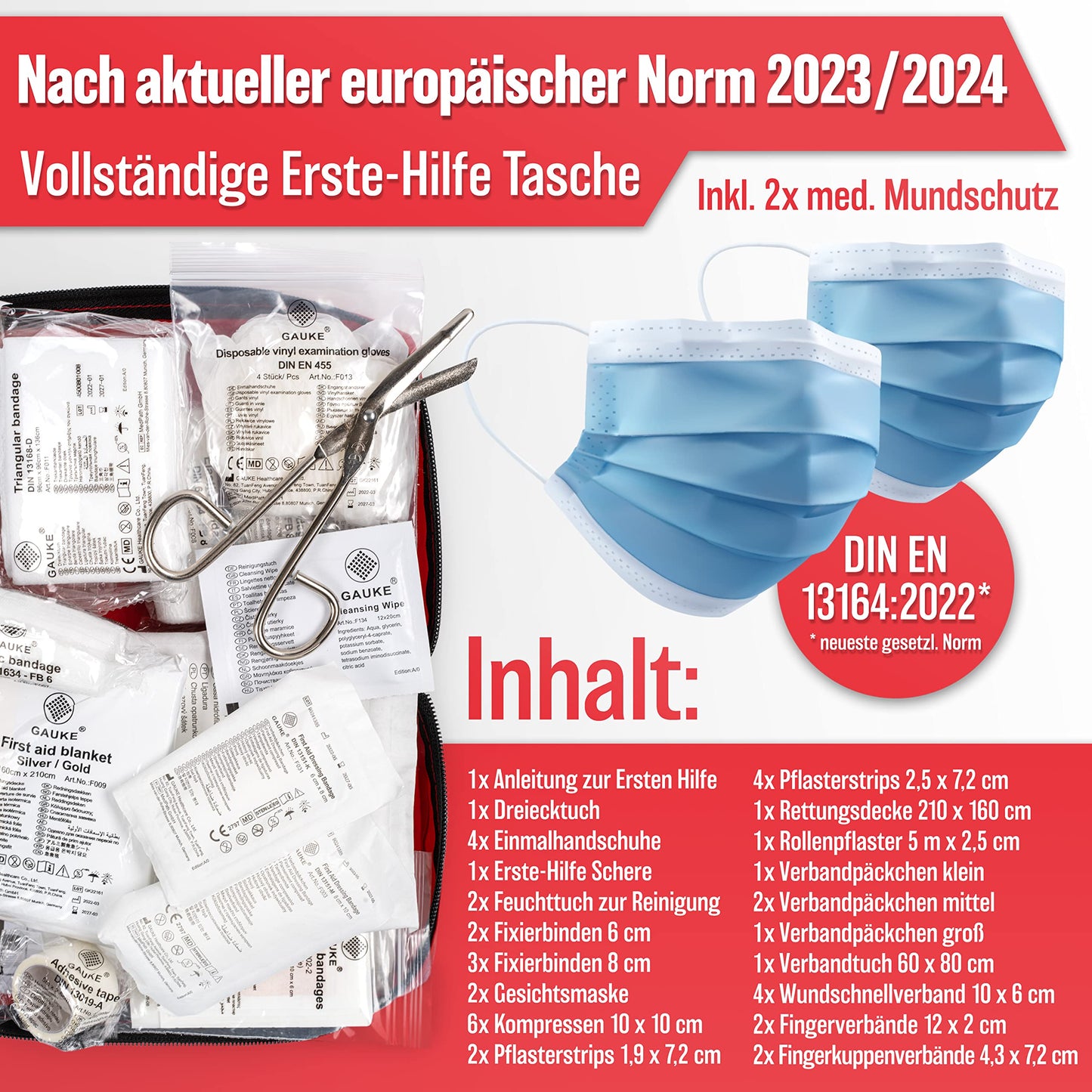 HELDENWERK KFZ Verbandstasche nach aktueller Norm 2024 - Europaweit Nutzbar - Erste Hilfe Set Auto Verbandskasten DIN 13164:2022 (StVO konform)