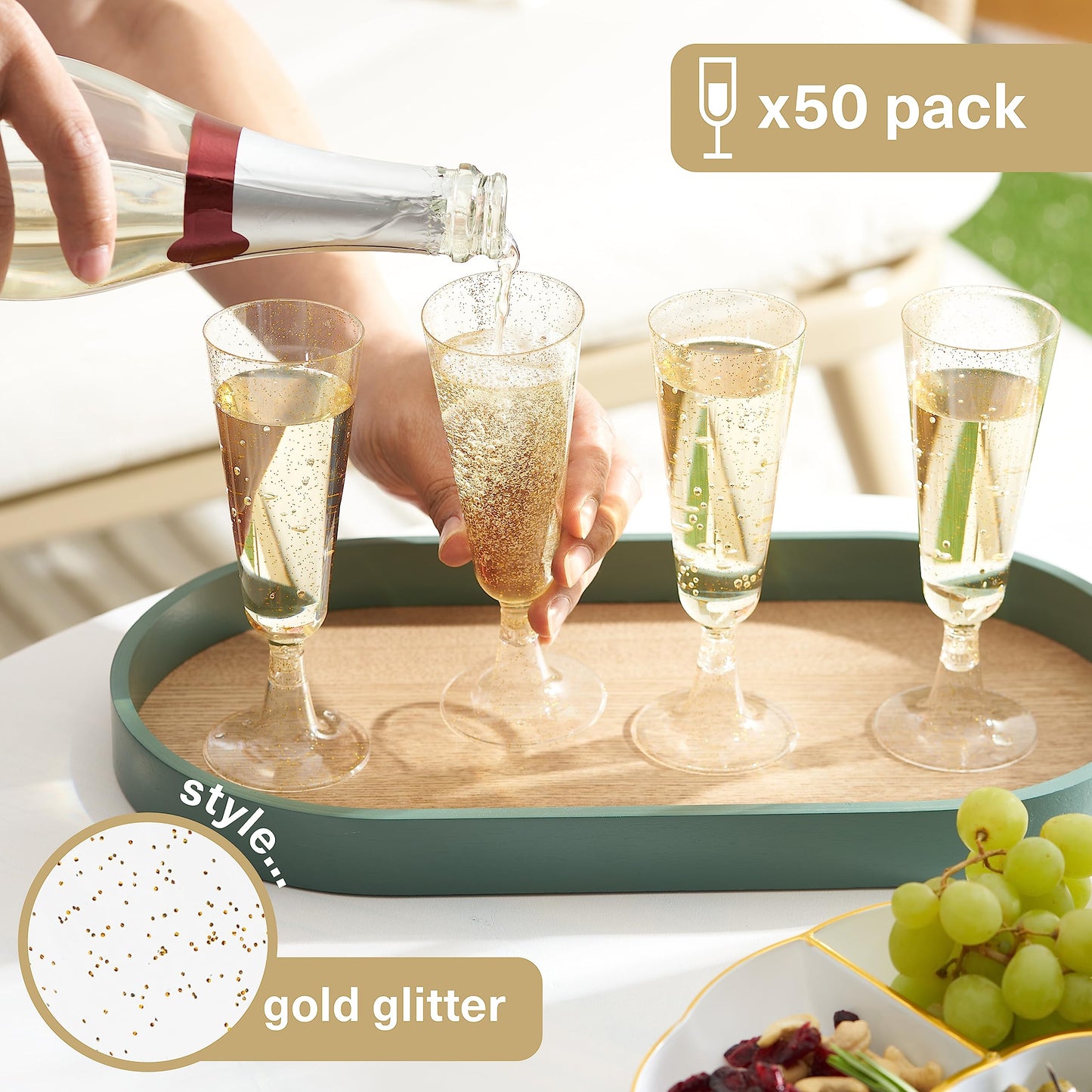 MATANA 50 Premium Sektgläser Plastik mit Goldglitter, 150ml - Sektgläser Mehrweg, Sektgläser Kunststoff, Champagner Gläser Plastik für Cocktail, Dessert - Plastik Sektgläser für Party, Hochzeit